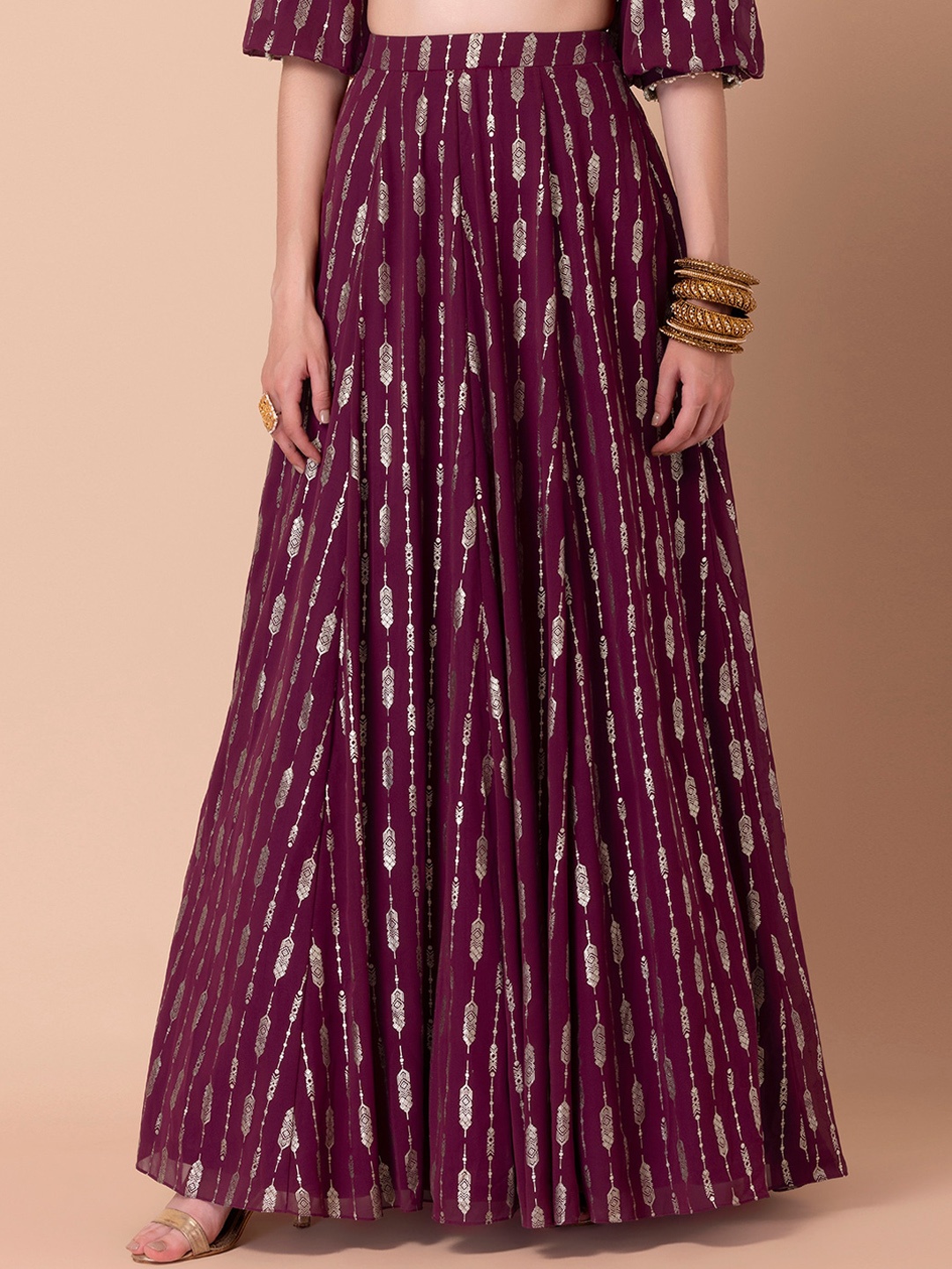

INDYA Foil-Printed Lehenga Flared Maxi Skirt, Purple