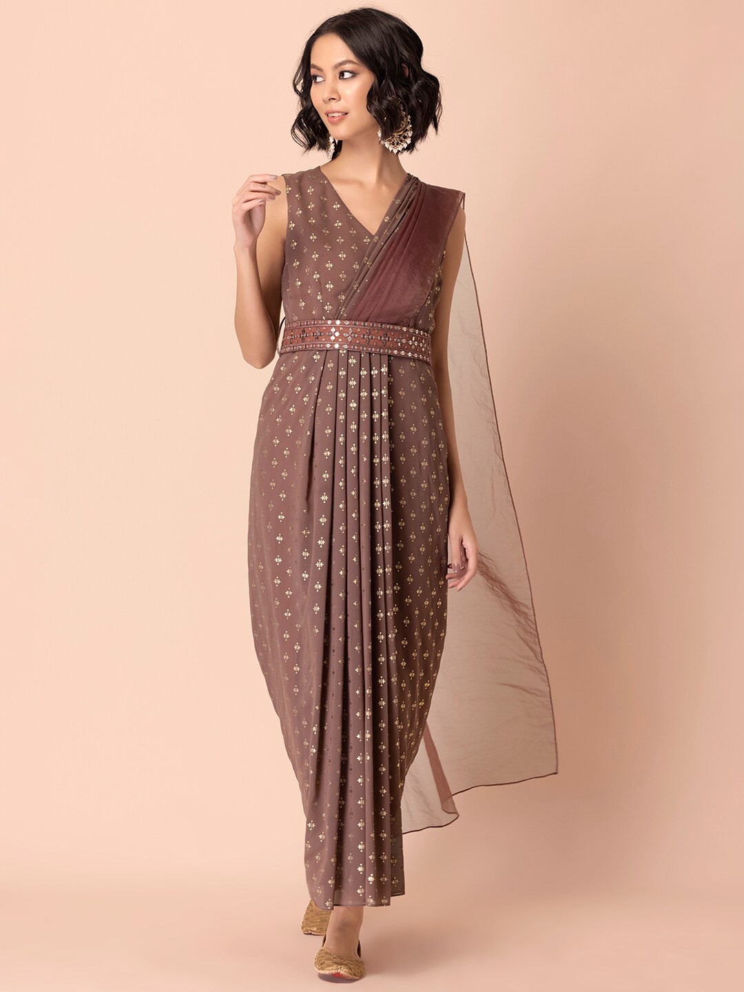 

INDYA Foil Printed Belted Pre-Stitched Saree With Attached Blouse, Brown