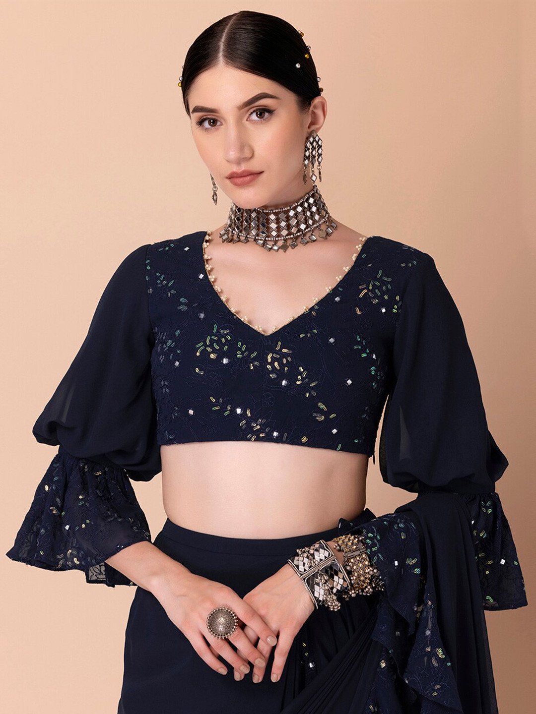

INDYA Floral-Embroidered Sequinned V-Neck Saree Blouse, Navy blue