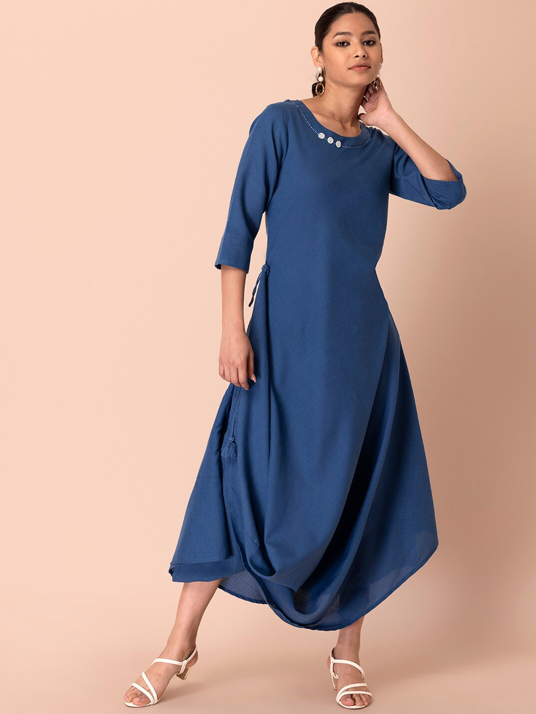 

INDYA Round Neck Gathered Midi Ethnic Dress, Blue