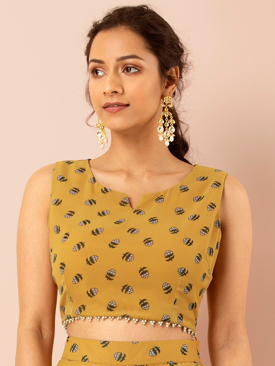 

INDYA Floral Printed Sleeveless Lace Inserts Crop Ethnic Top, Yellow