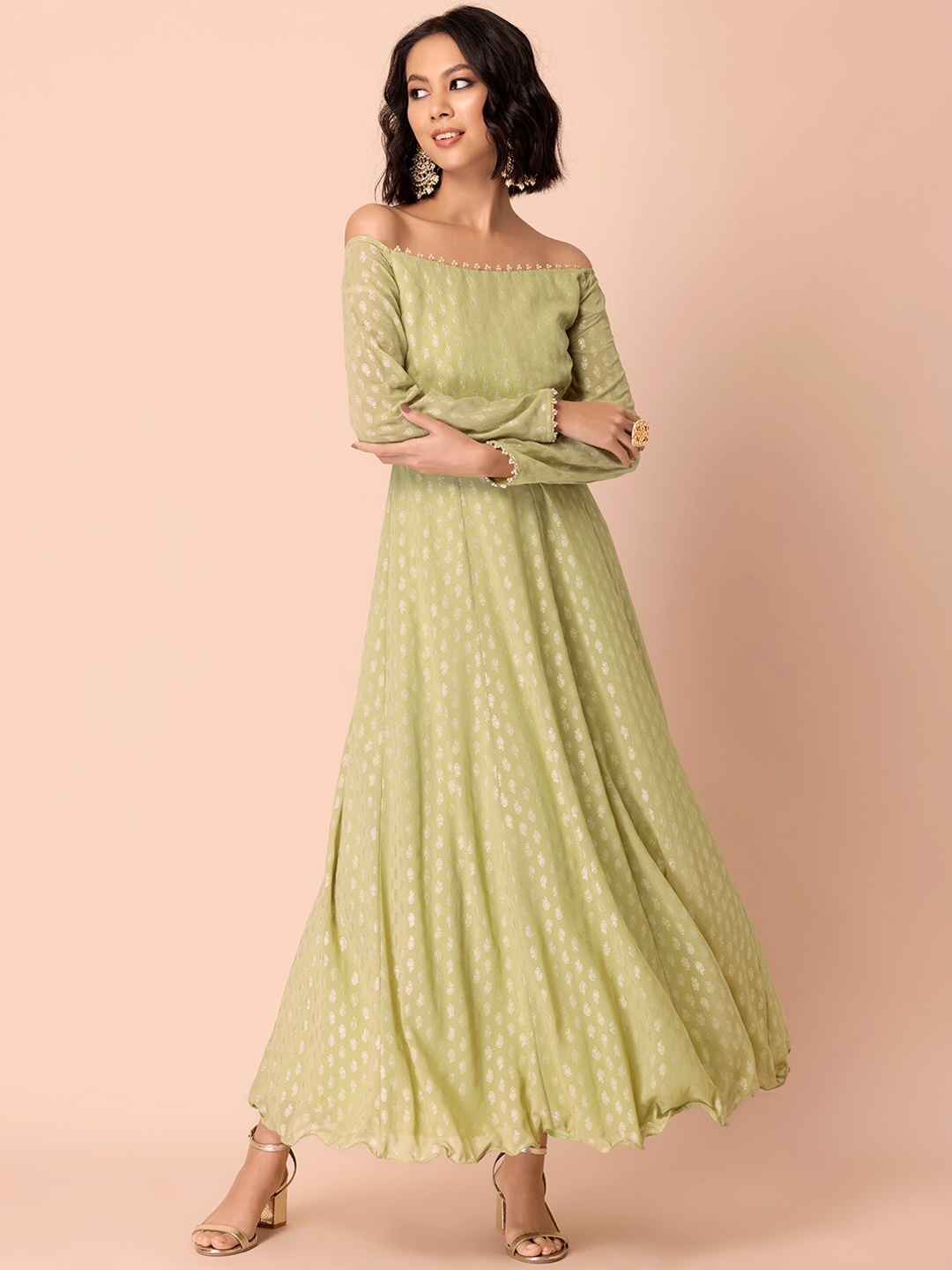 

INDYA Ethnic Motifs Printed Off-Shoulder Georgette A-Line Ethnic Dress, Green
