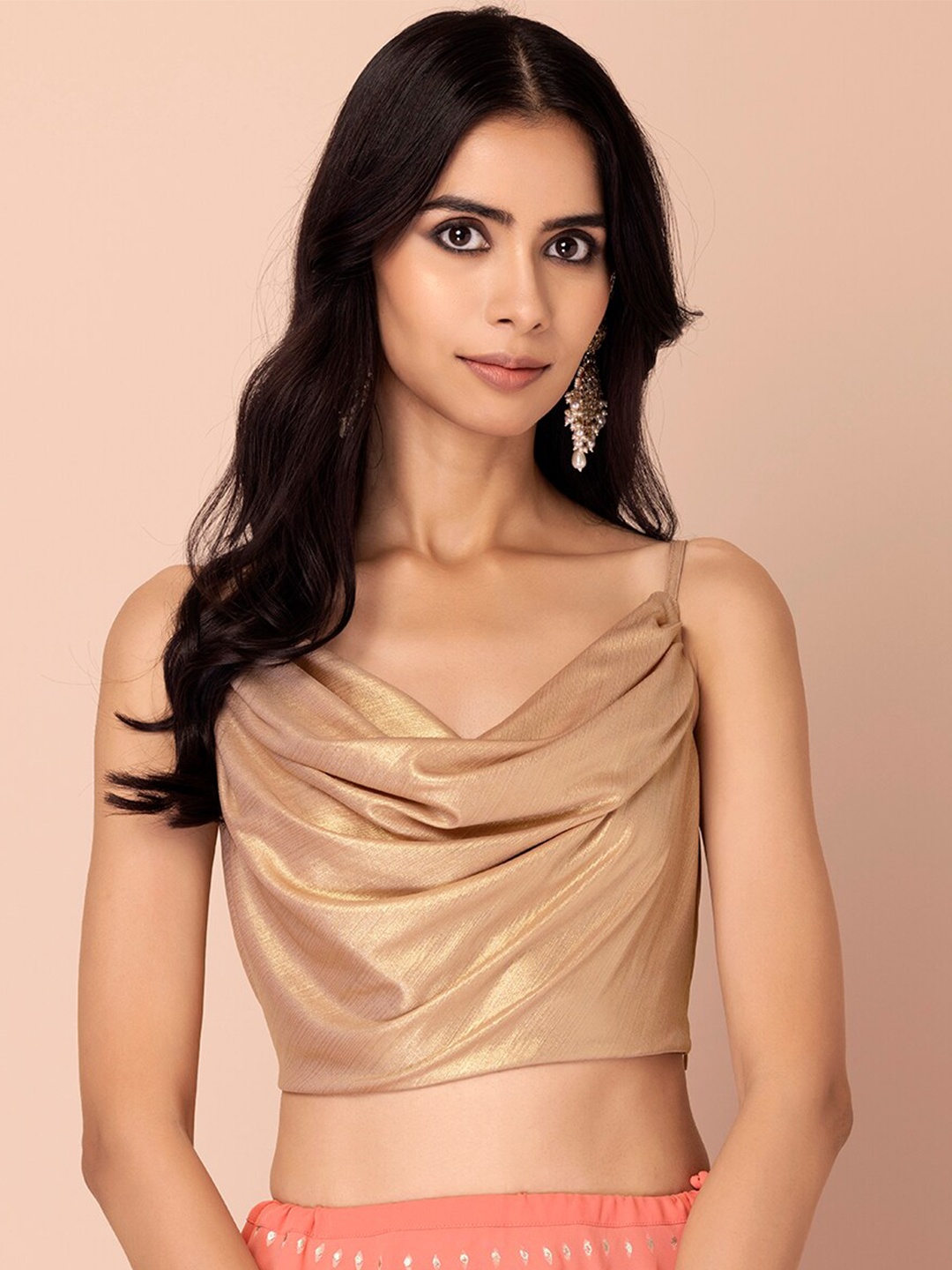 

INDYA Cowl Neck Shoulder Straps Blouse Top, Gold