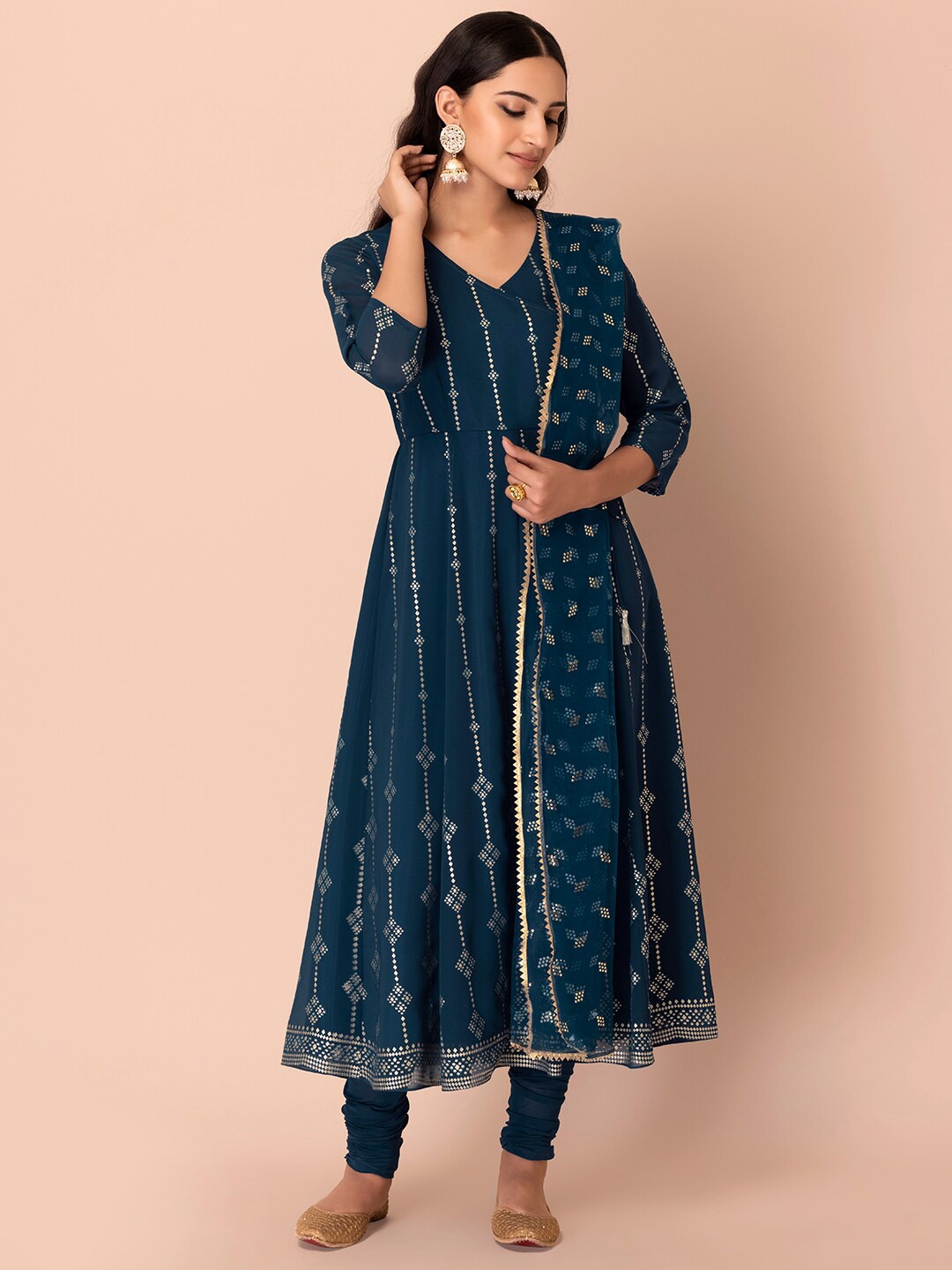 

INDYA Ethnic Motifs Gotta Patti Embroidered Dupatta, Navy blue