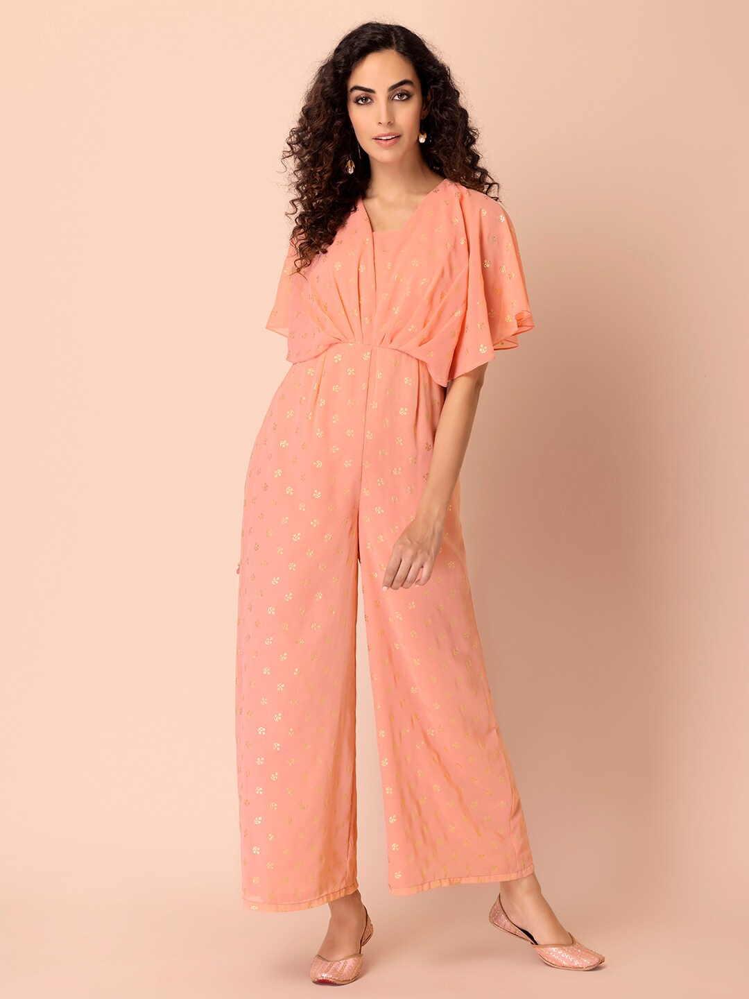 

INDYA Printed V-Neck Basic Jumpsuit, Peach