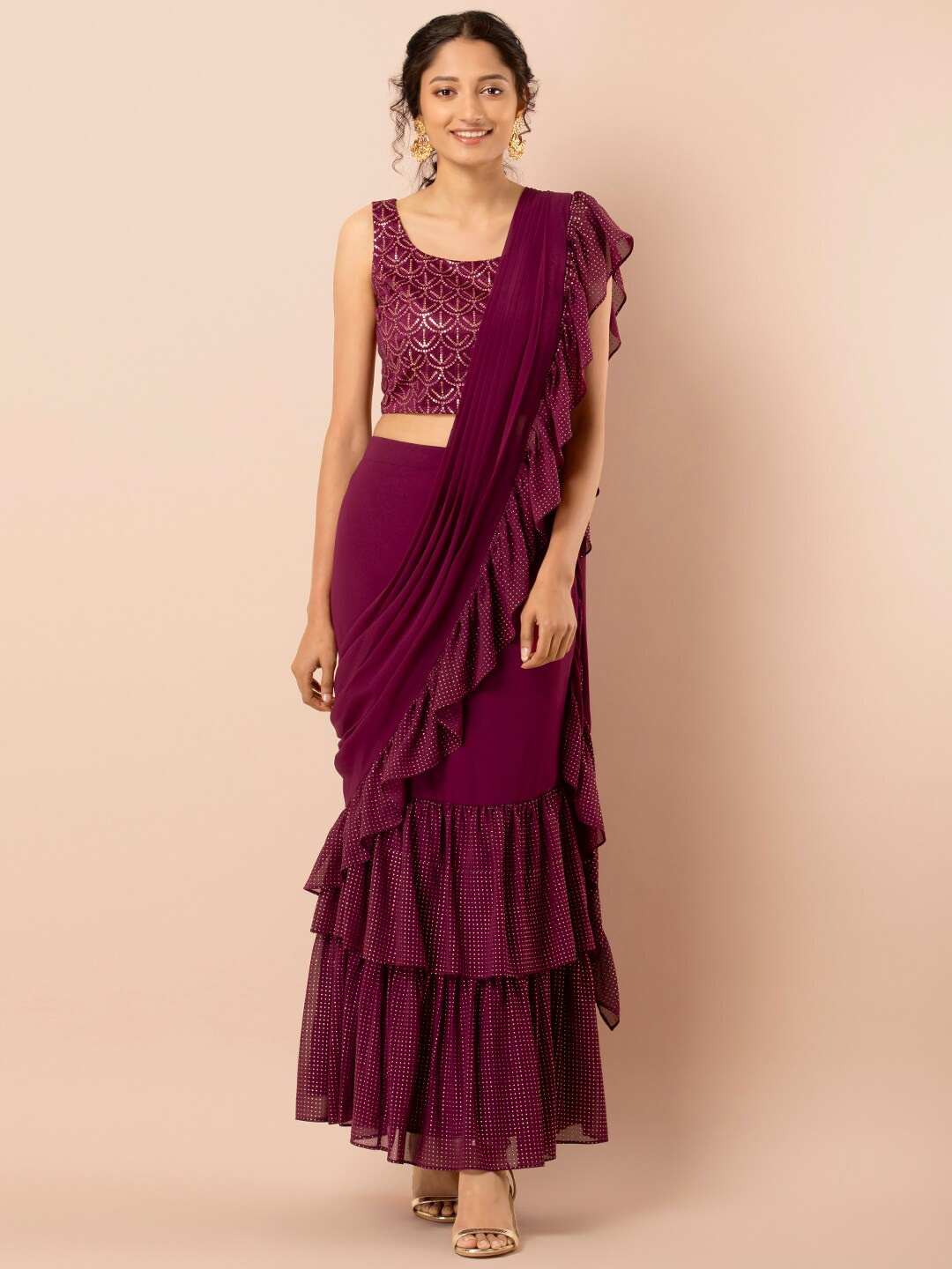 

INDYA Foil Printed Ruffle Pre-Stitched Saree, Purple