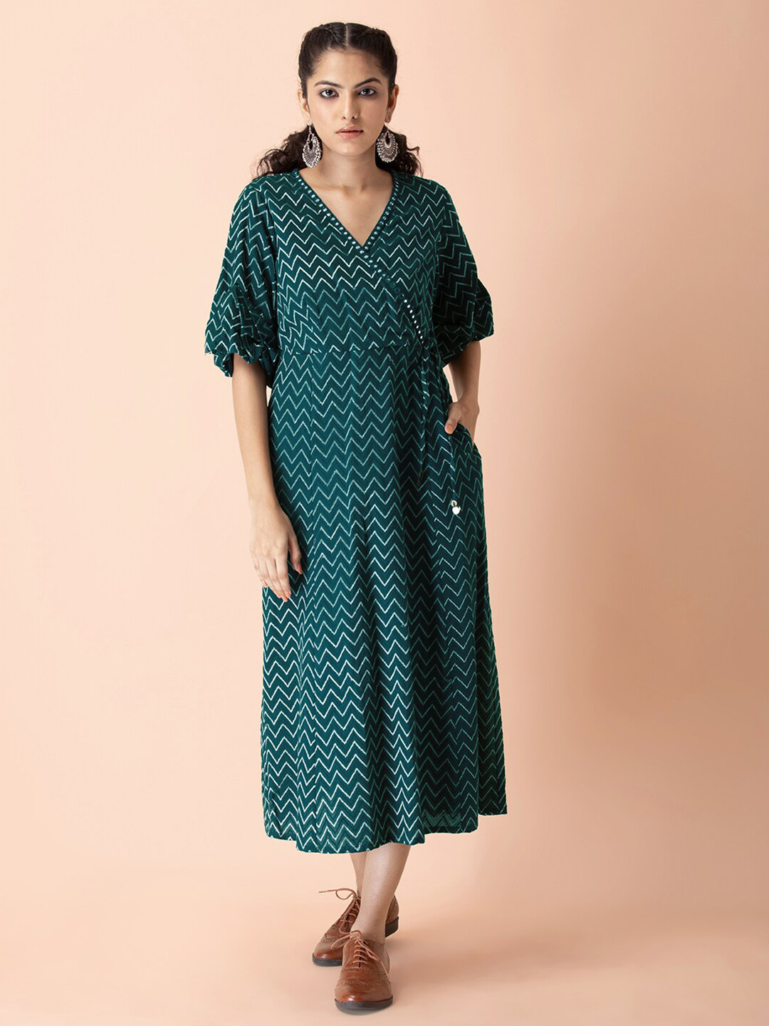 

INDYA Chevron Printed Pure Cotton Embellished Wrap Midi Ethnic Dress, Green