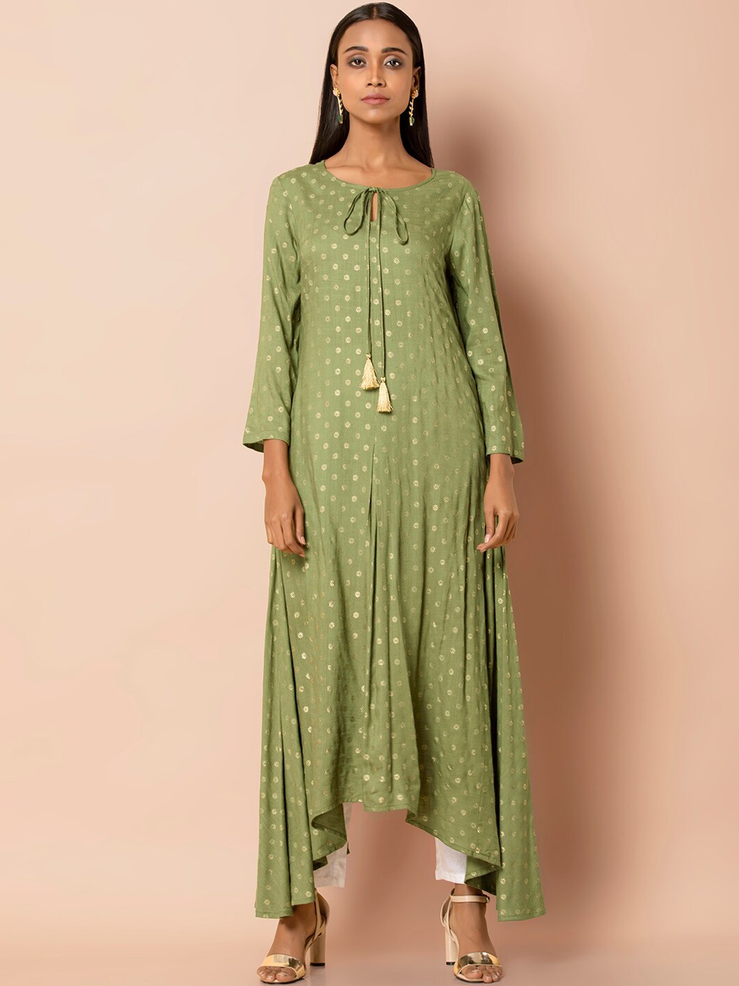 

INDYA Ethnic Motifs Foil Printed Asymmetric A-Line Kurta, Green