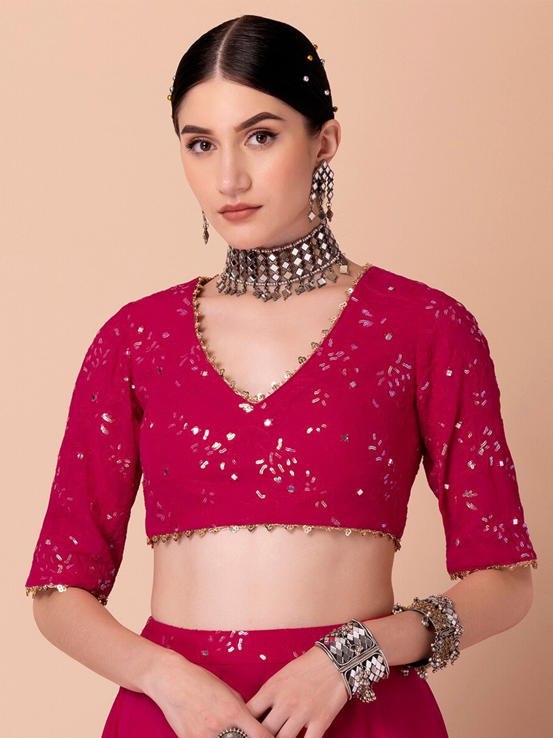 

INDYA Floral Embroidered Mirror Work Saree Blouse, Pink