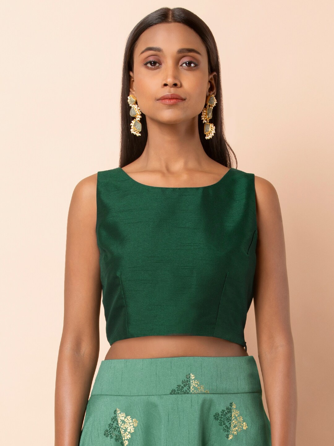 

INDYA Boat Neck Sleeveless Saree Blouse, Green