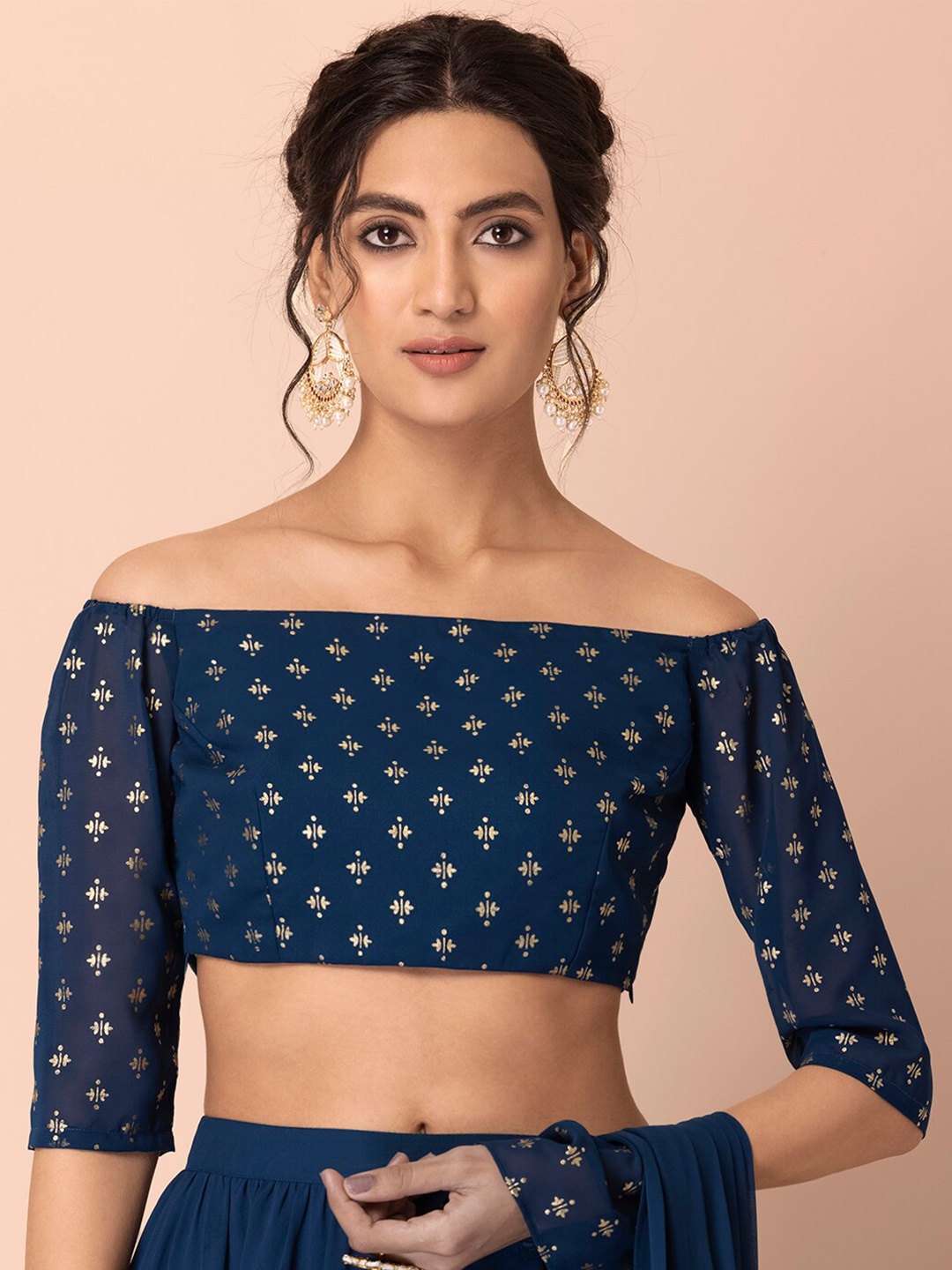 

INDYA Foil Printed Off-Shoulder Saree Blouse, Teal