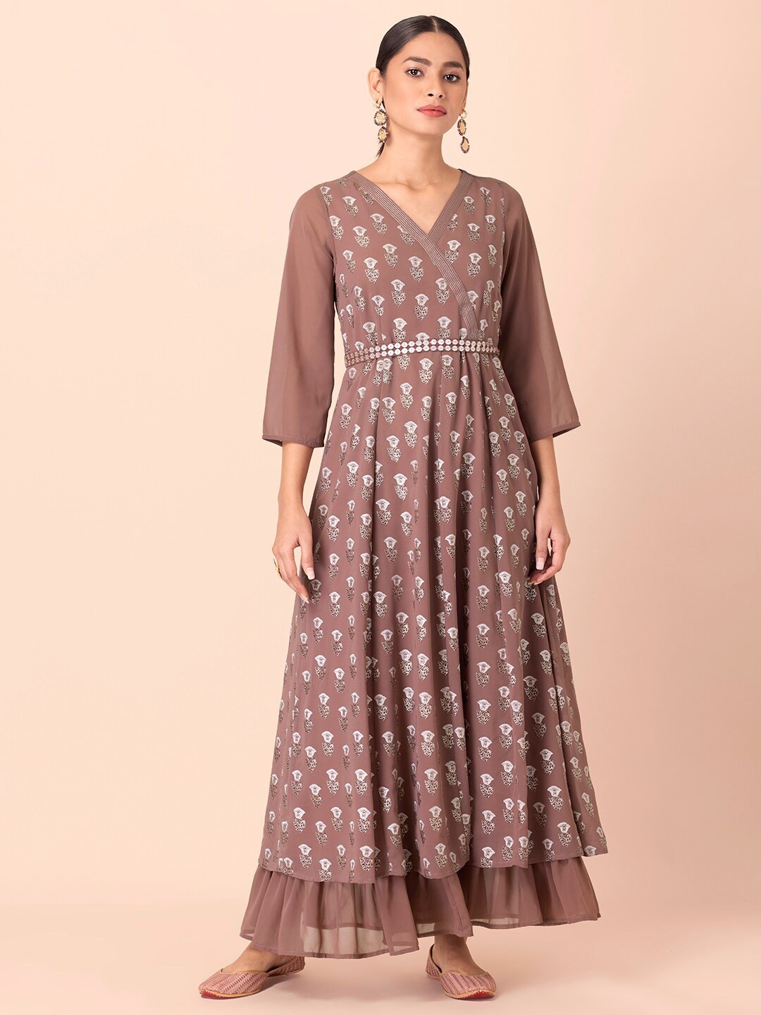 

INDYA Ethnic Motifs Printed Ruffled Maxi Ethnic Dress, Mauve