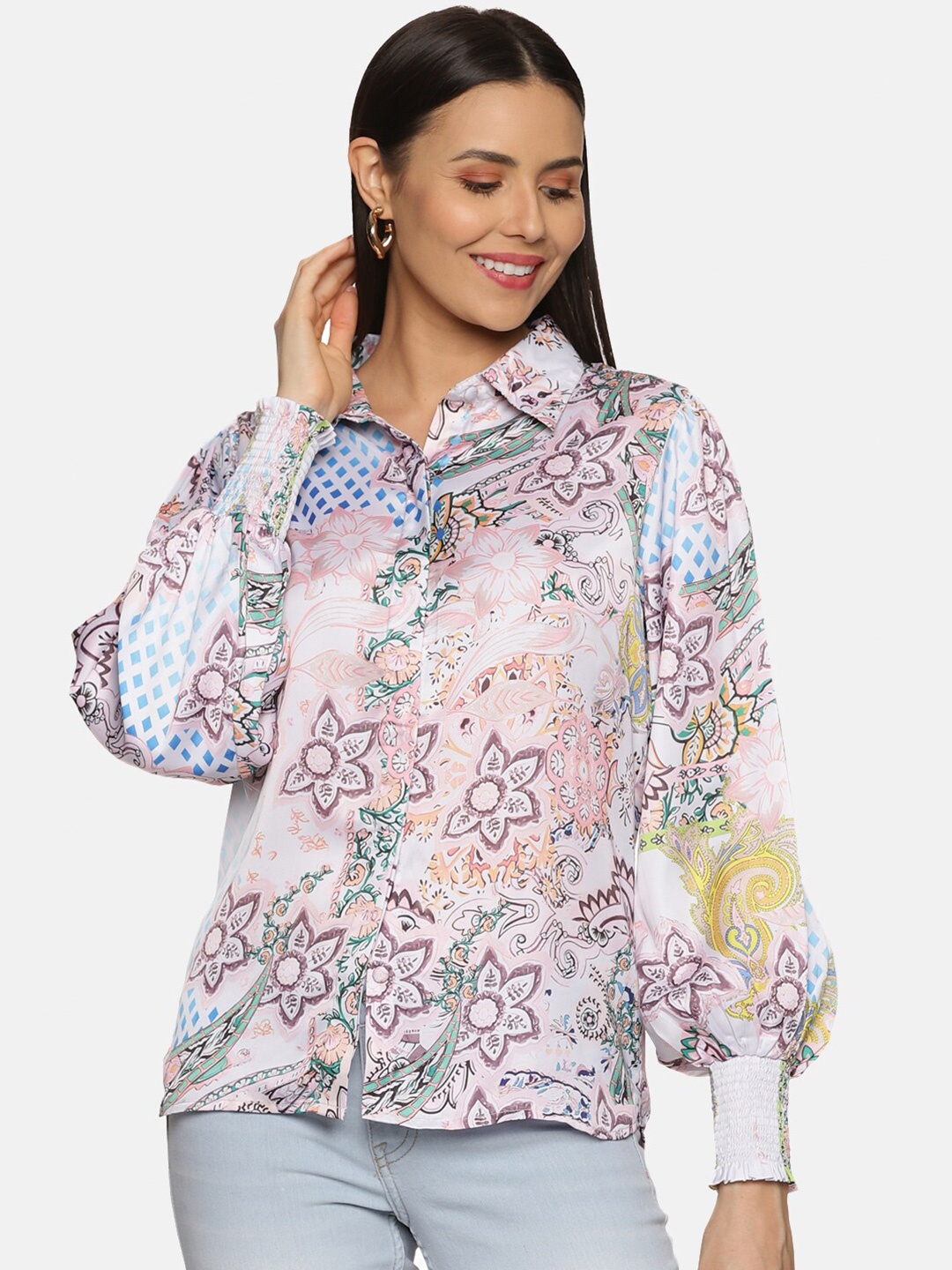 

ISU Floral Printed Cuffed Sleeves Satin Shirt Style Top, White