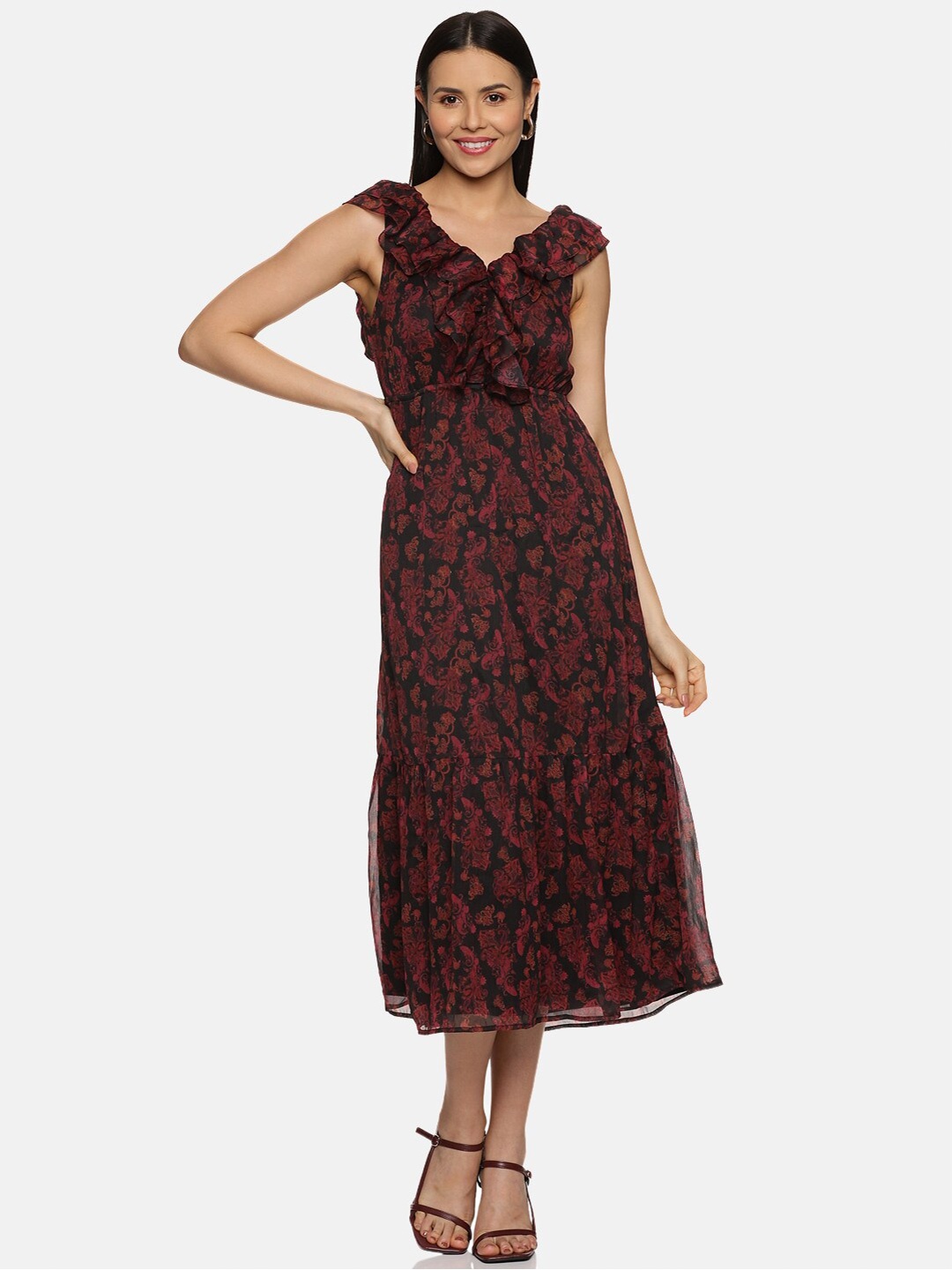 

ISU V-Neck Print Chiffon Maxi Dress, Black