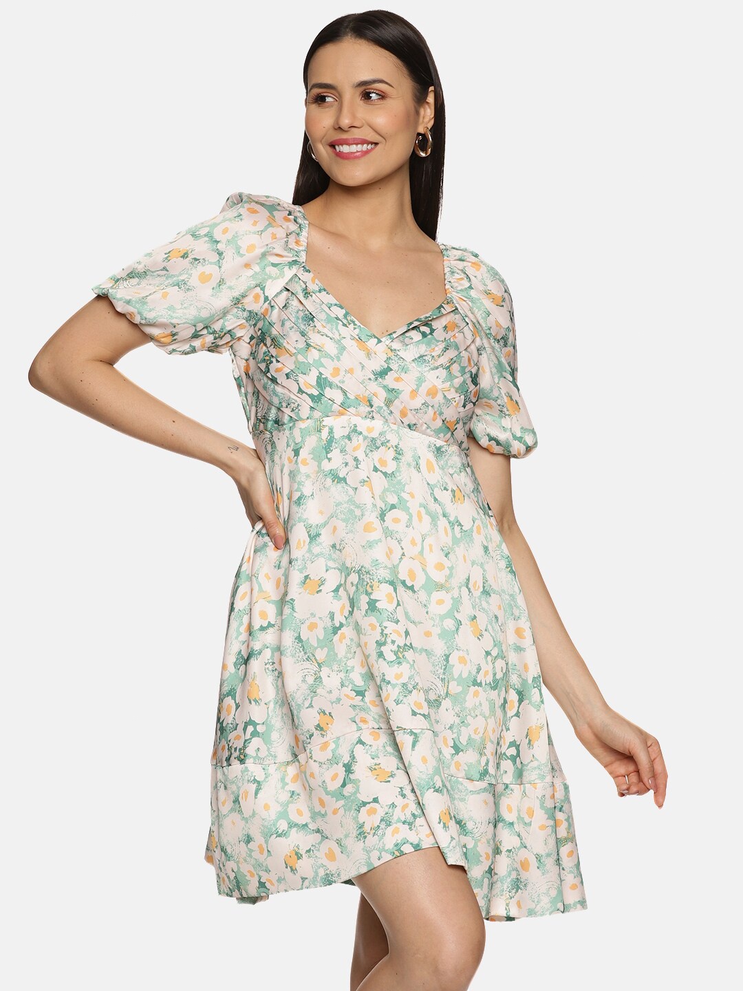 

ISU Floral Printed Puff Sleeves Satin Empire Dress, Green