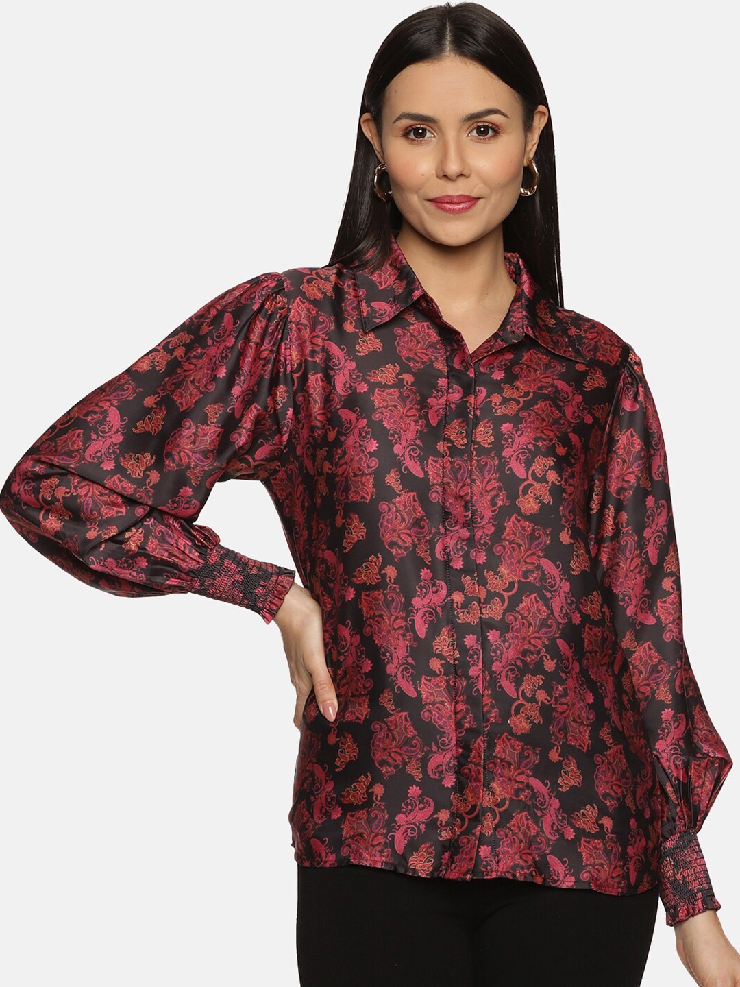 

ISU Floral Print Satin Shirt Style Top, Black