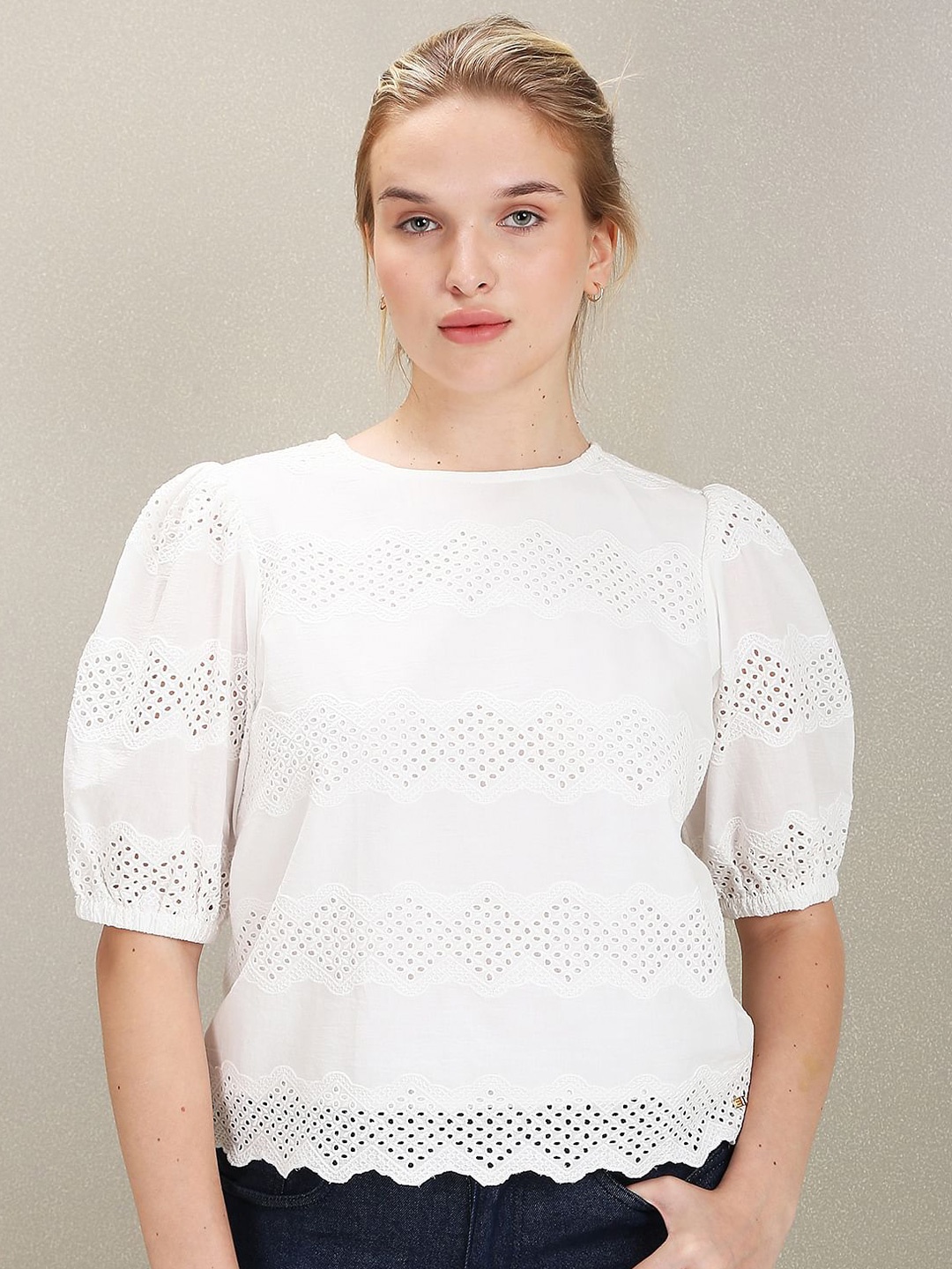 

U.S. Polo Assn. Women Schiffli Puff Sleeve Cotton Top, White