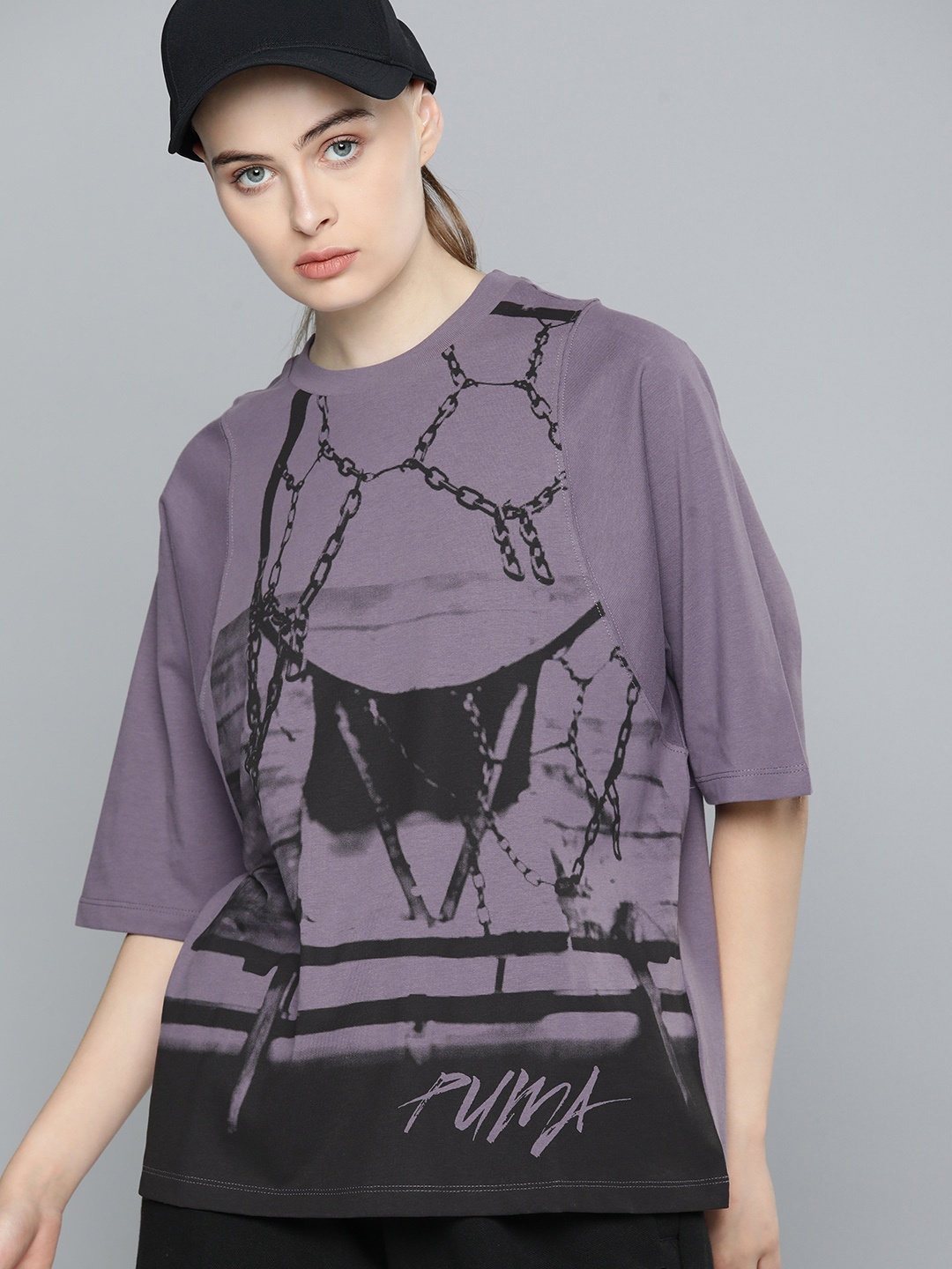

Puma Women Strong Side Pure Cotton Graphic Printed Regular Fit Basketball T-shirt, Purple