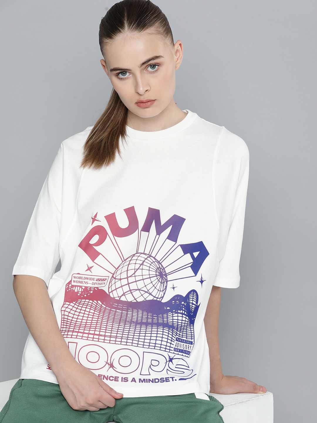 

Puma Women Pure Cotton Graphic Printed Pure Cotton Basketball T-shirt, White