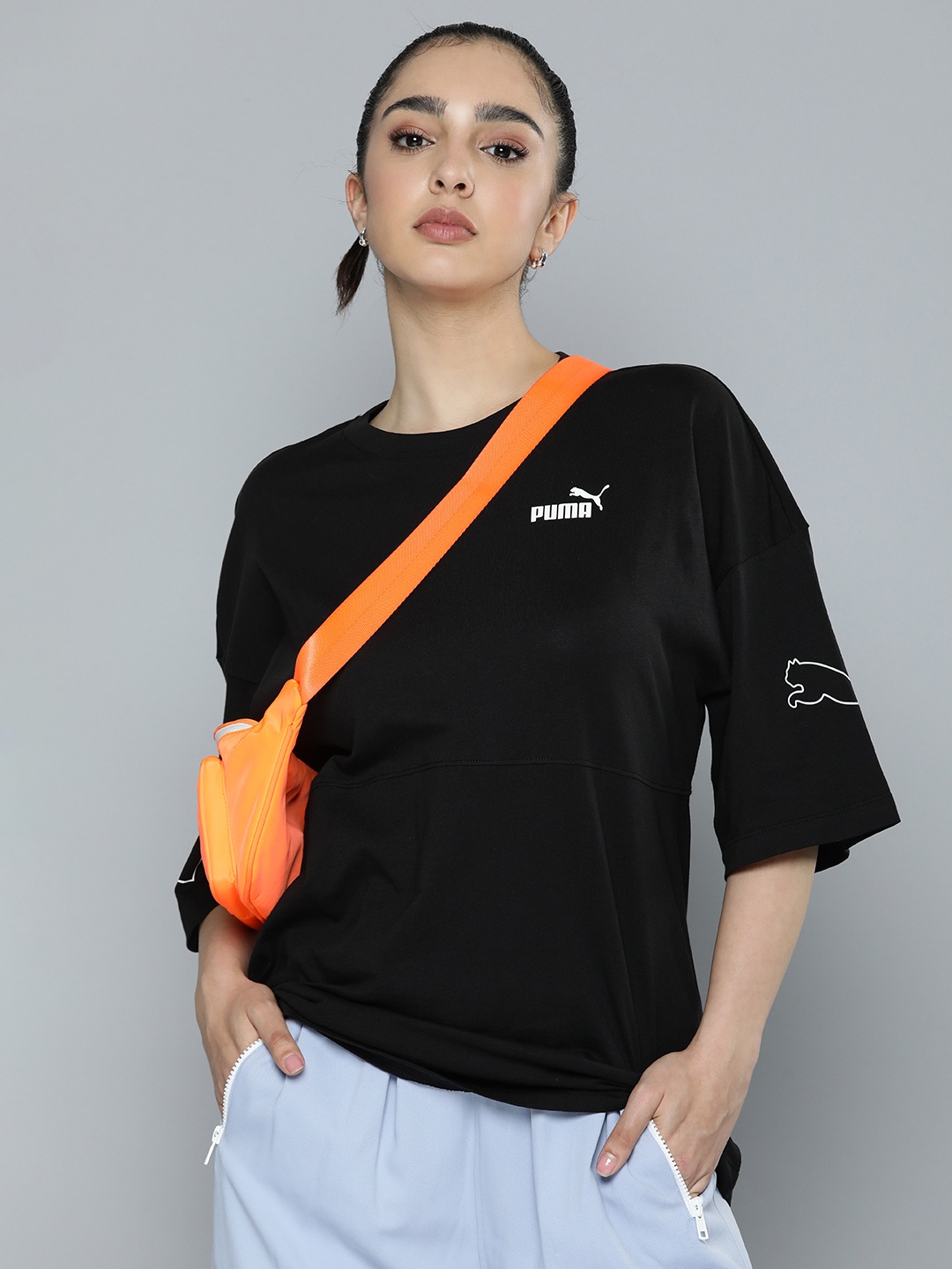 

Puma Brand Logo Printed Drop-Shoulder Sleeves Pure Cotton Oversized Power T-shirt, Black