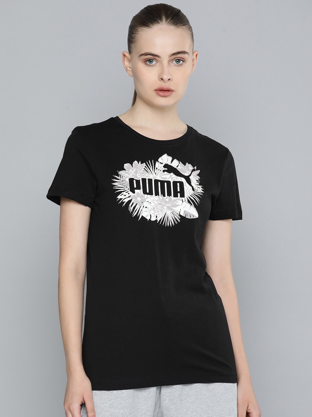 

Puma Round Neck ESS+ FLOWER POWER Printed Regular fit Pure Cotton T-shirt, Black