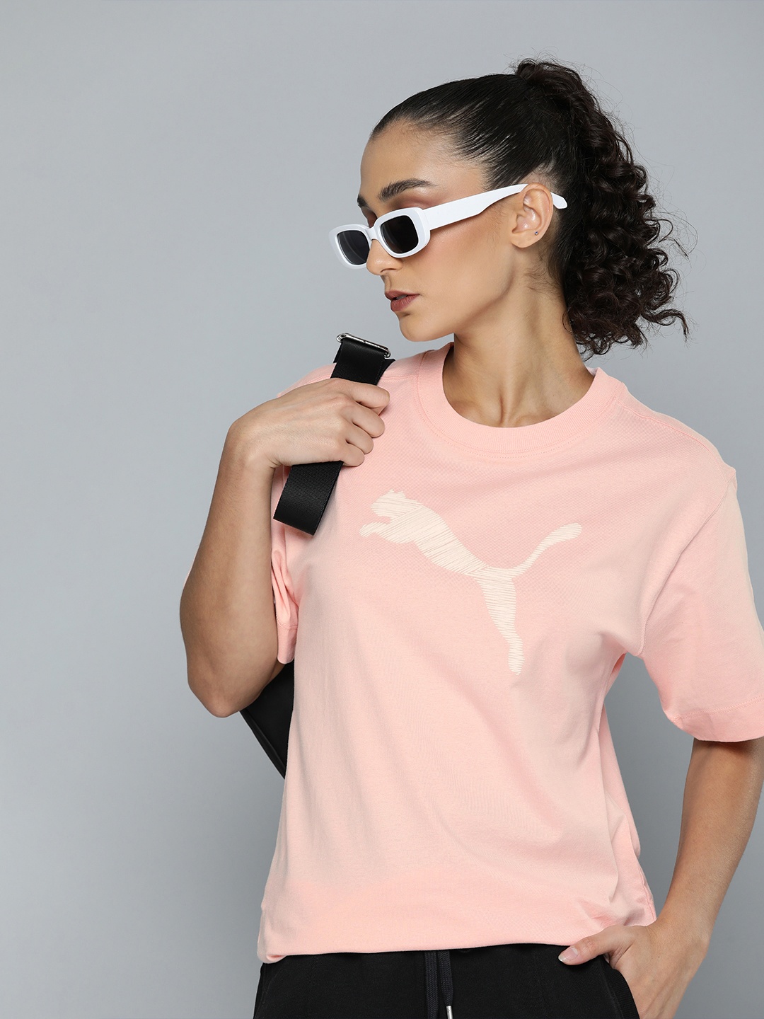 

Puma HER Brand Logo Printed Drop-Shoulder Sleeves Pure Cotton Relaxed Fit Sustainable T-shirt, Pink