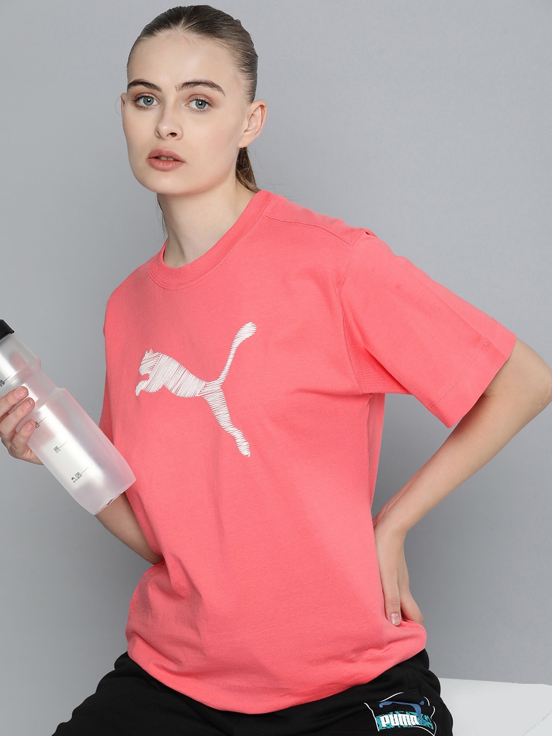 

Puma HER Brand Logo Printed Drop-Shoulder Sleeves Pure Cotton Relaxed Fit Sustainable T-shirt, Pink