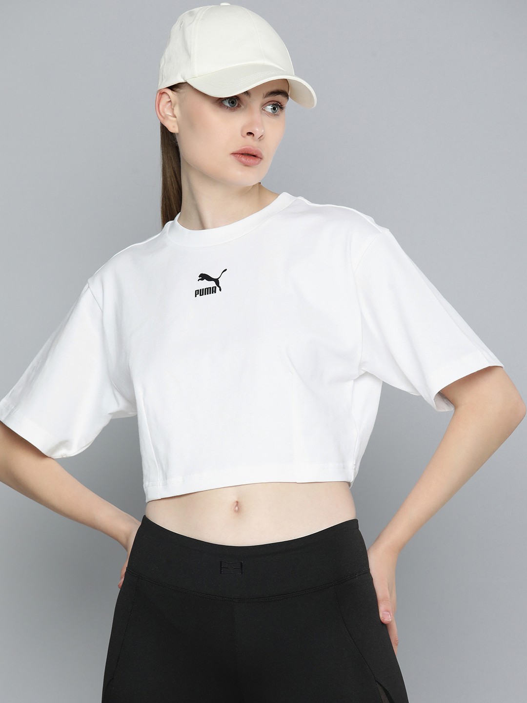 

Puma Dare To Round Neck Drop Shoulder Sleeves Relaxed Fit Boxy Crop Top, White