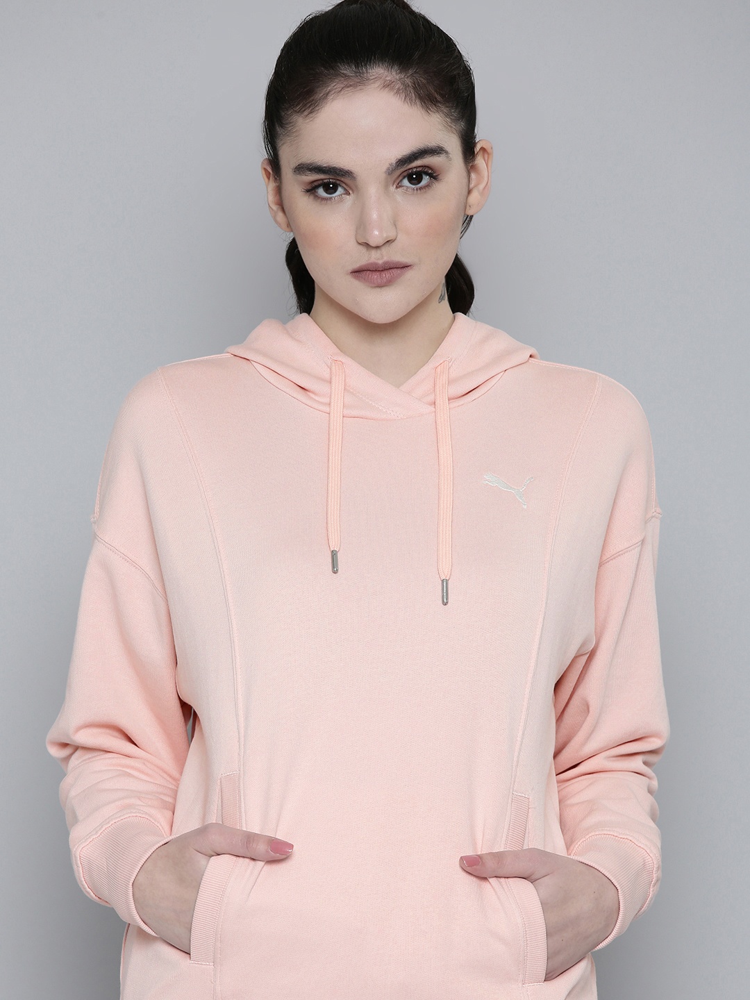 

Puma HER Solid Drop-Shoulders Relaxed Fit Pure Cotton Hooded Sweatshirt, Pink