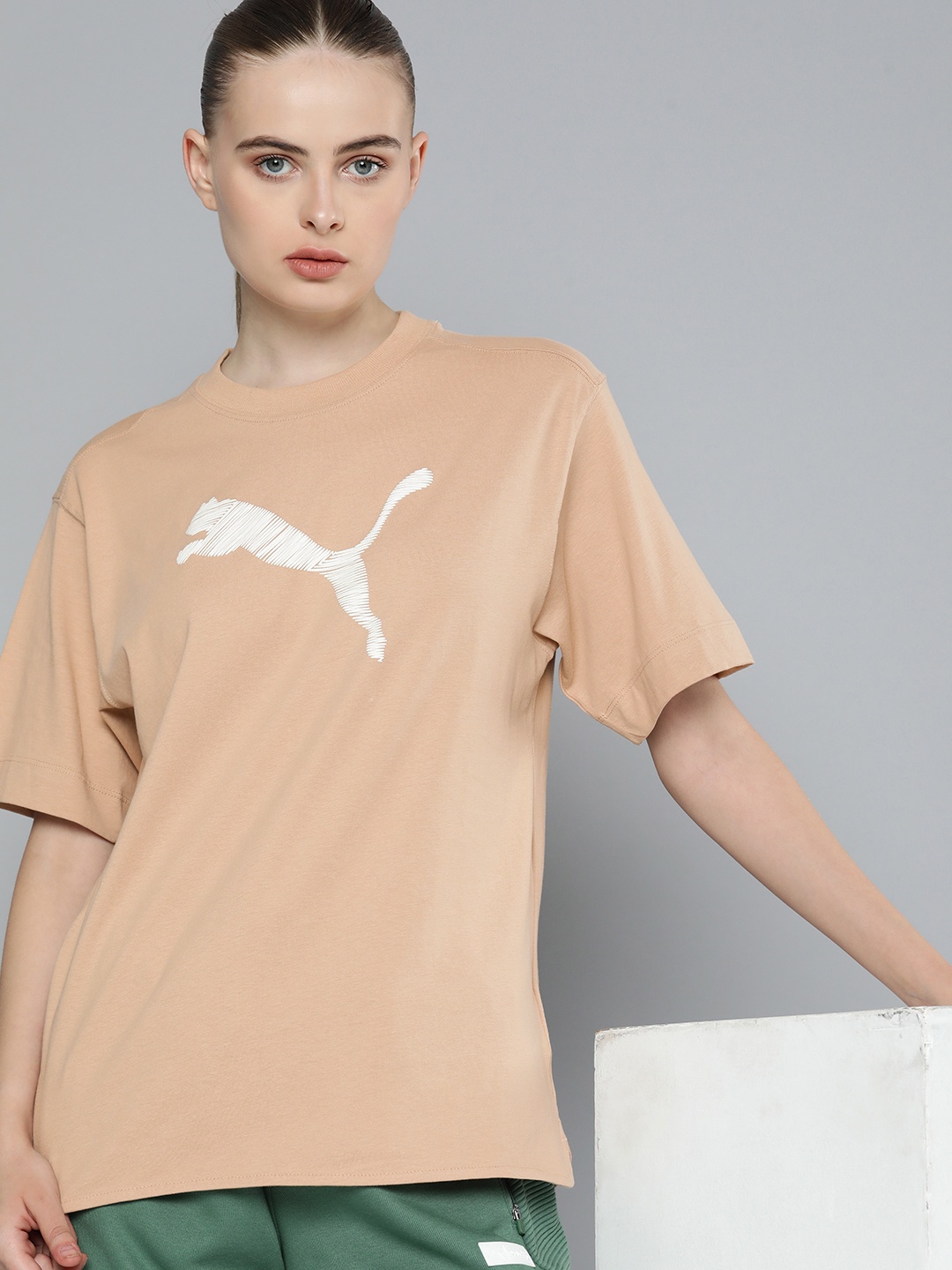 

Puma Women Brand Logo Printed Pure Cotton Relaxed Fit Outdoor Sustainable T-shirt, Peach