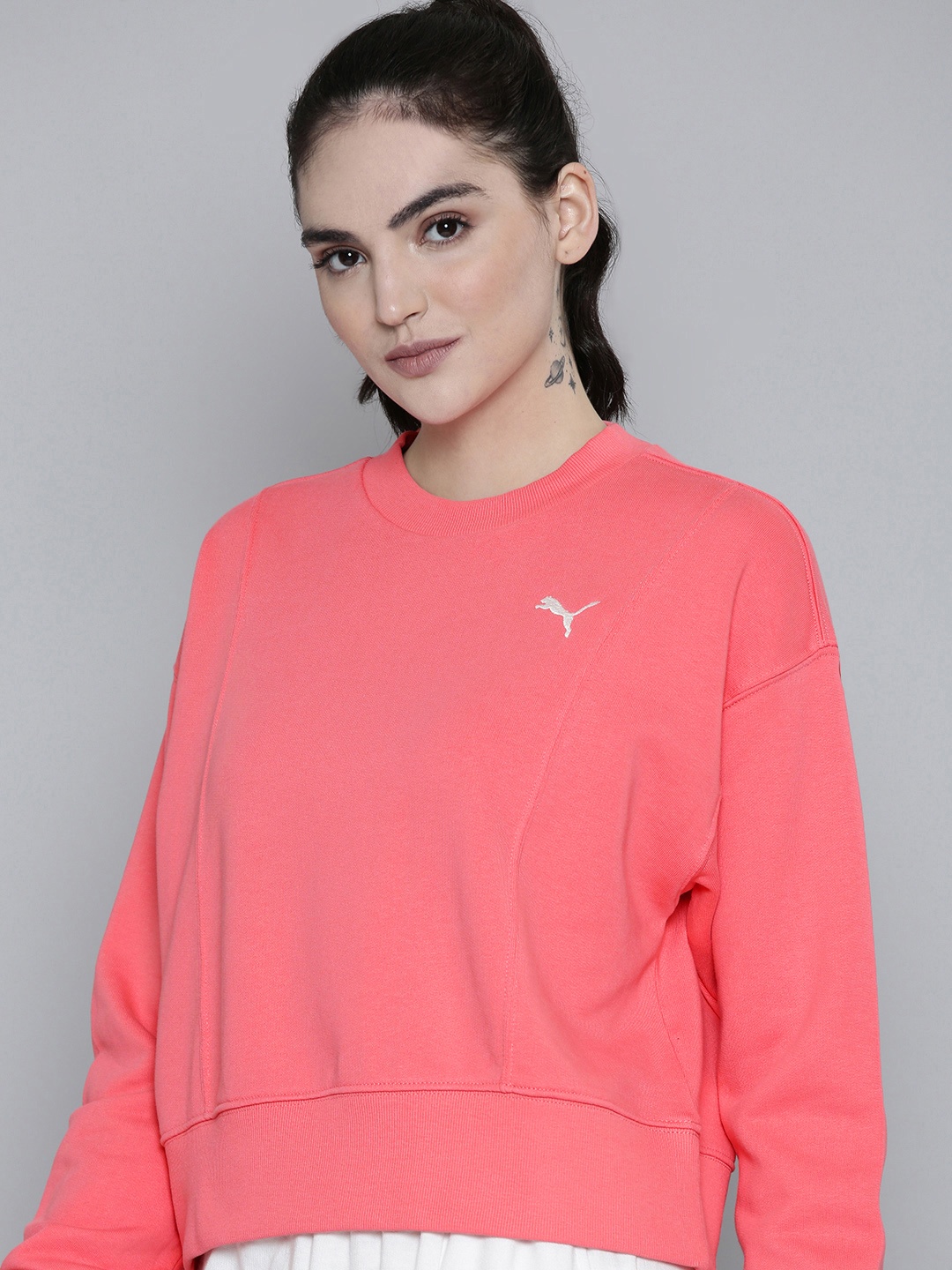 

Puma Women Solid Crew Neck Her Knitted Pure Cotton Relaxed Fit Sweatshirt, Pink