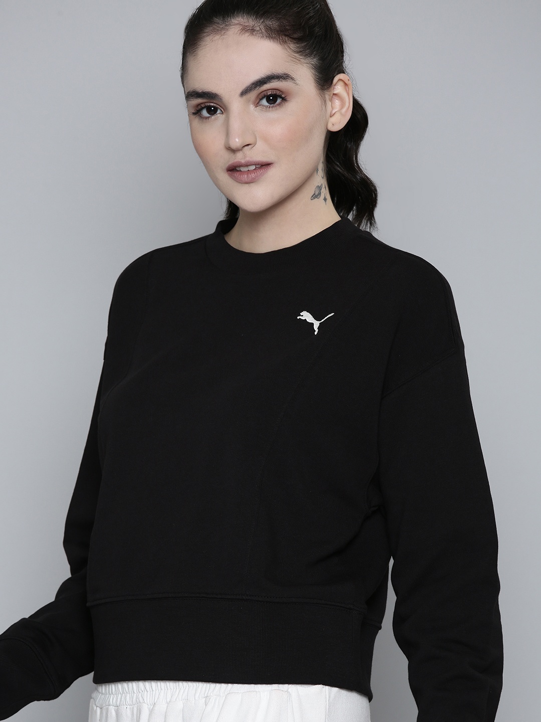 

Puma Women Solid Crew Neck Her Knitted Pure Cotton Relaxed Fit Sweatshirt, Black