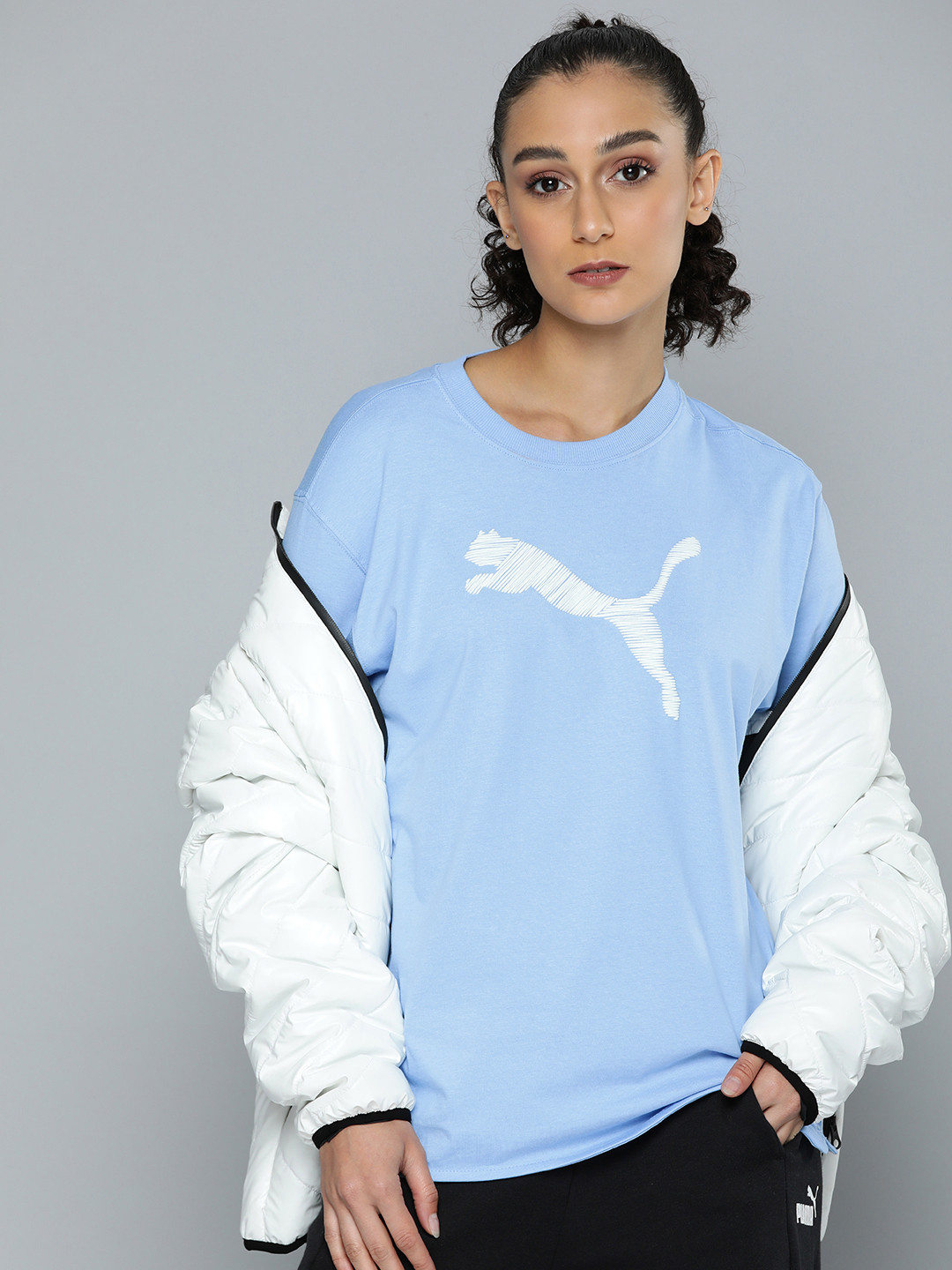 

Puma Brand Logo Printed Drop-Shoulder Sleeves Relaxed Fit Pure Cotton HER T-shirt, Blue