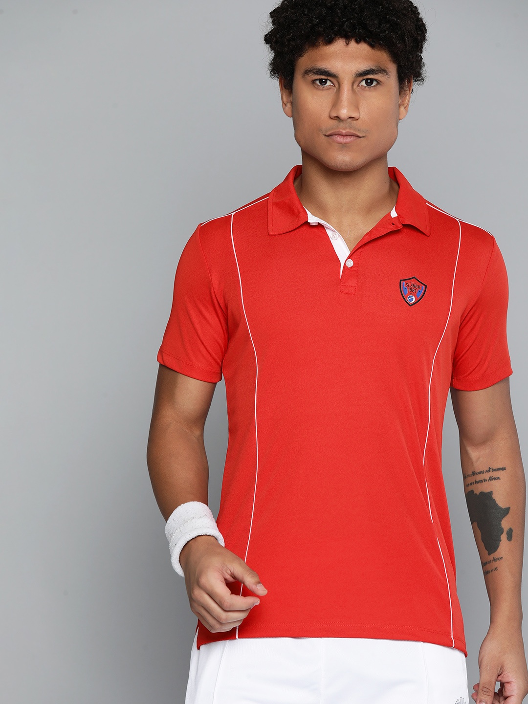 

Slazenger Men Brand Logo Striped Polo Collar Sports T-shirt, Red