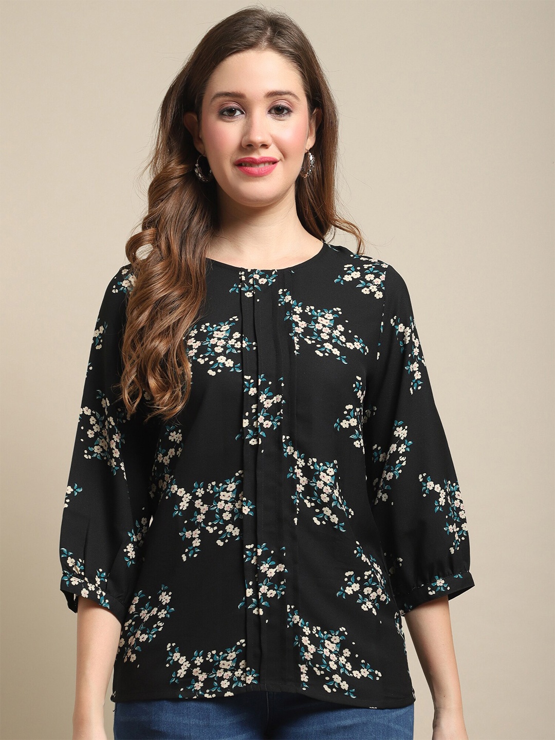 

Cantabil Floral Printed Round Neck Casual Top, Black