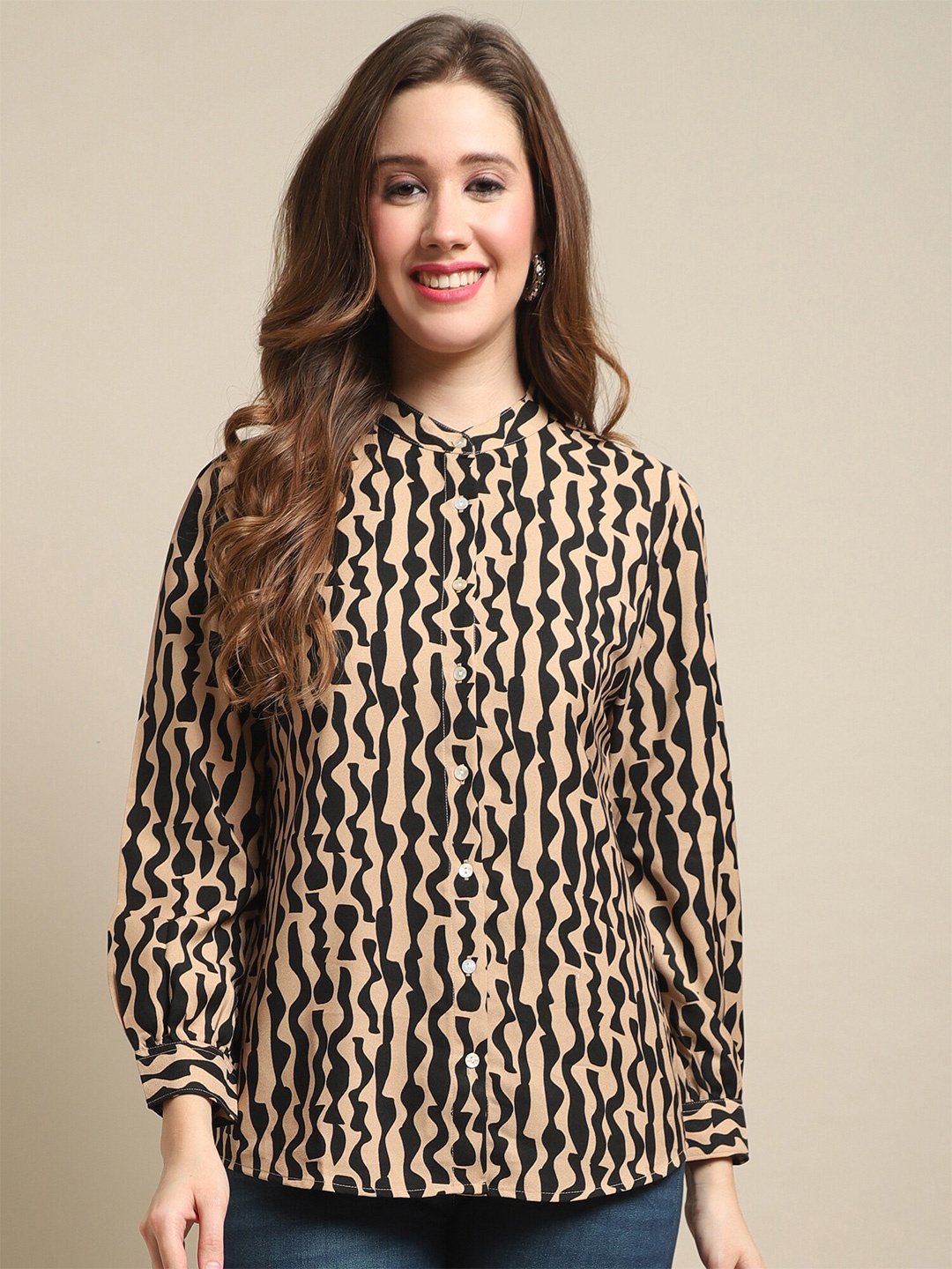 

Cantabil Abstract Printed Mandarin Collar Round Neck Casual Top, Brown