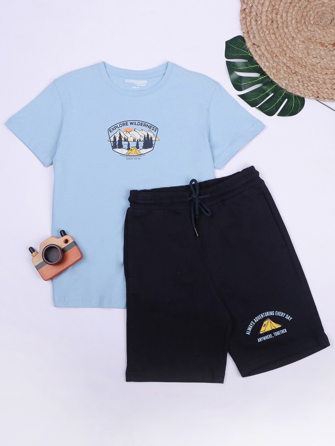 Gini and Jony Boys Printed Pure Cotton T-shirt with Shorts, Blue