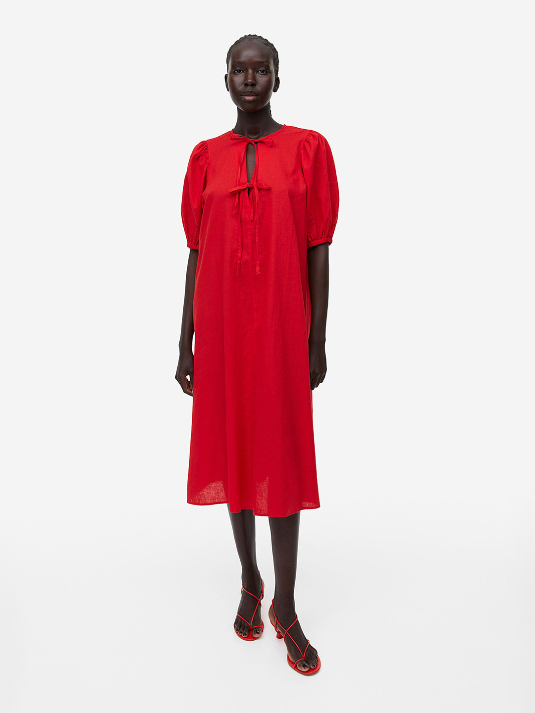 

H&M Tie-Detail Linen-Blend Dress, Red