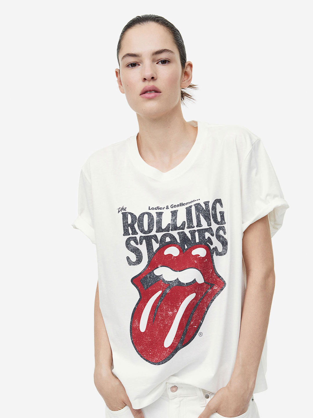 

H&M Women The Rolling Stones Cotton T-Shirt with Motif, White