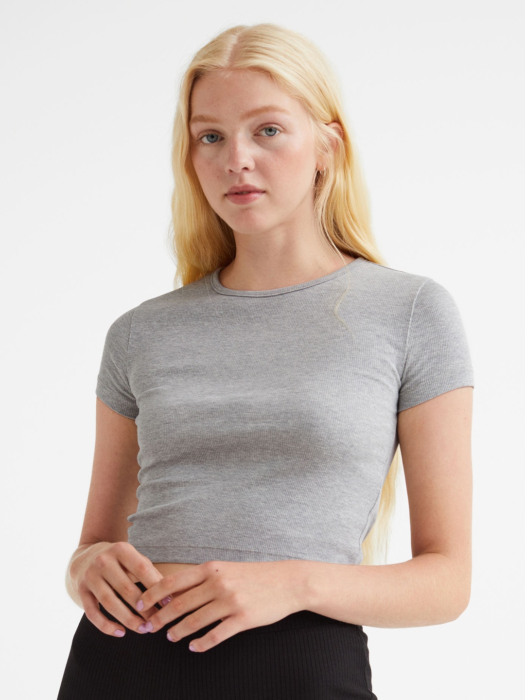 

H&M Ribbed Cropped Top, Grey melange