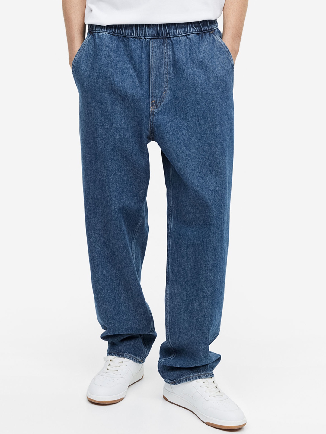 

H&M Men Loose Pure Cotton Denim Joggers, Blue