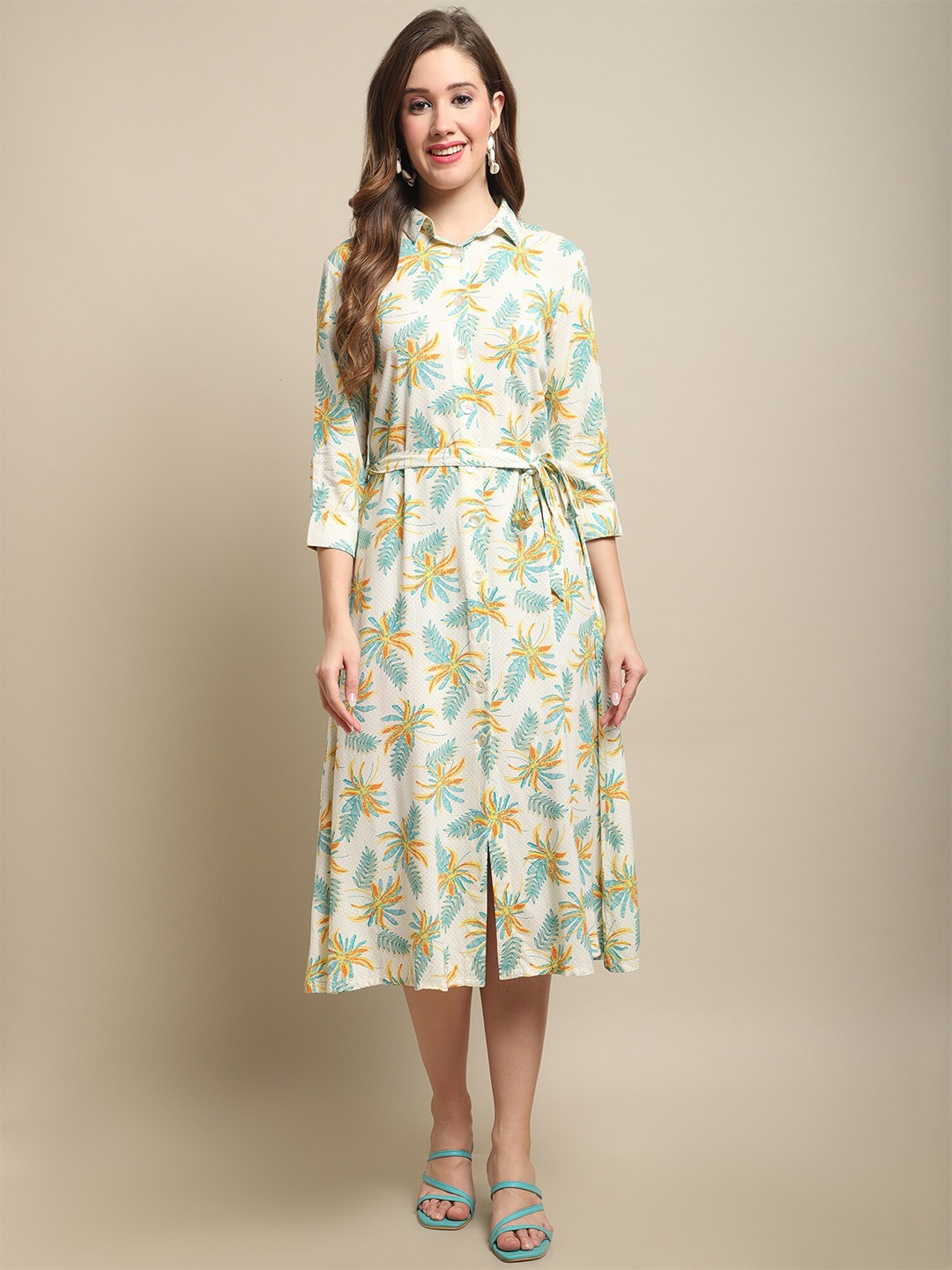 

Cantabil Floral Print Shirt Midi Dress, Cream