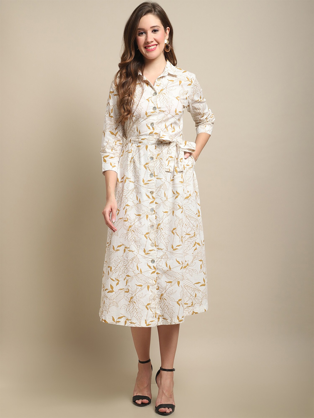 

Cantabil Floral Print A-Line Midi Dress, Beige