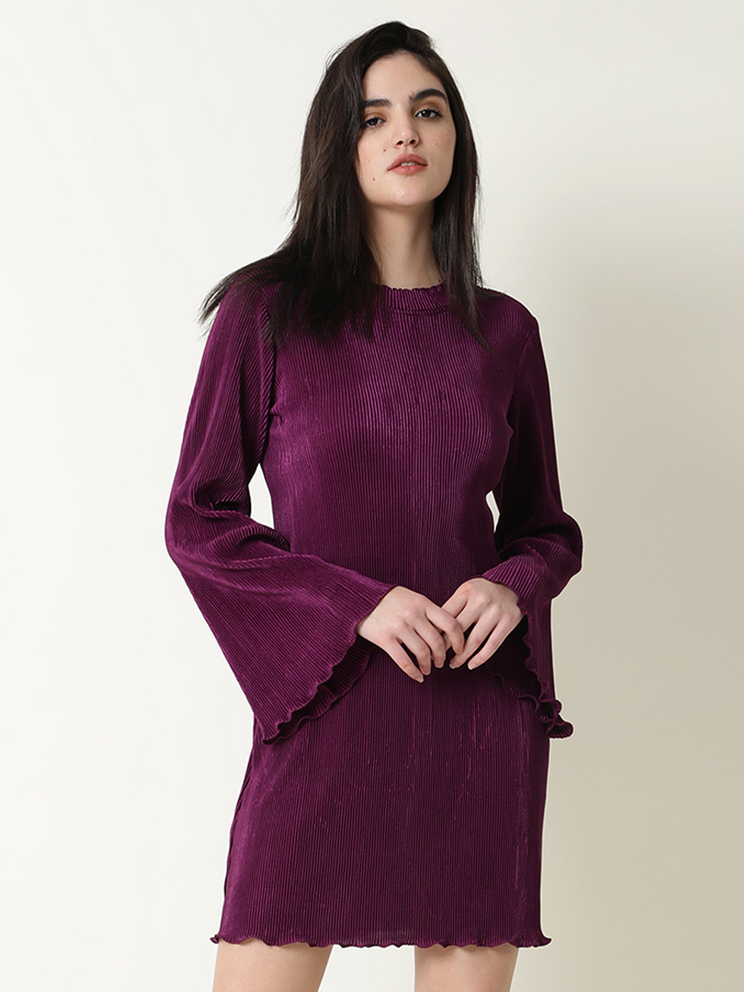 

RAREISM Flared Sleeves Self Design Mini Dress, Maroon
