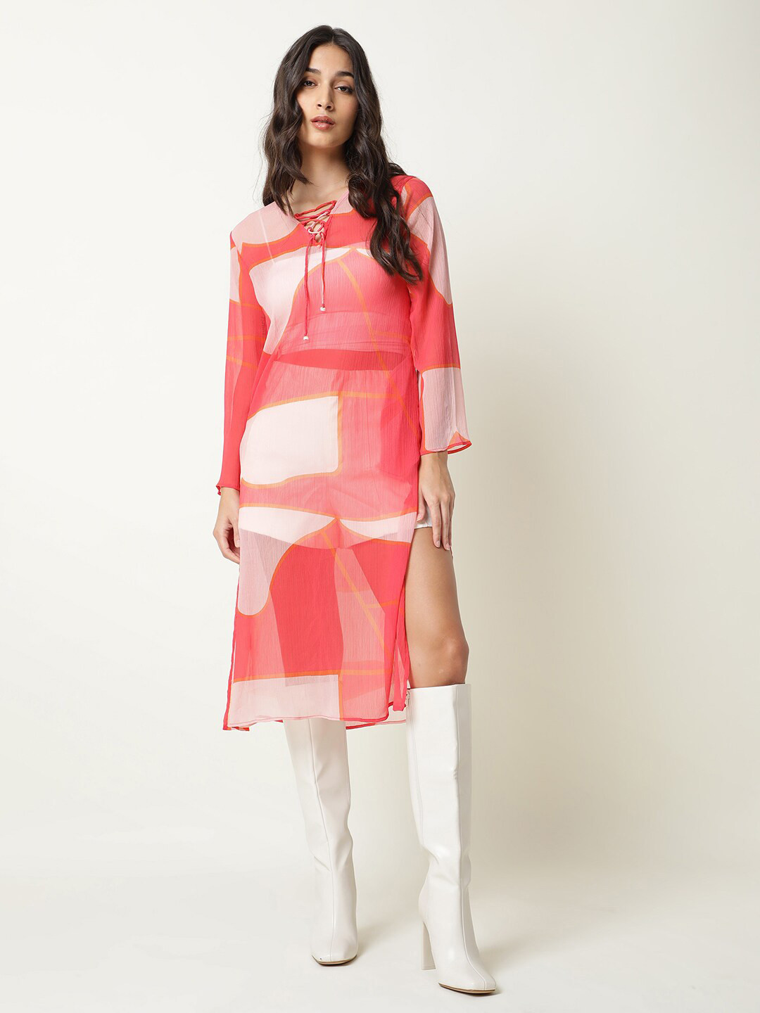 

RAREISM Geometric Printed Lace-Up Neck Sheer A-Line Dress, Pink