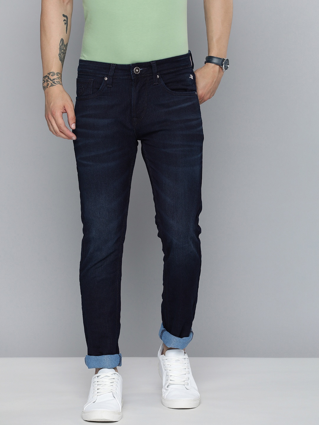 

Lawman pg3 Men Slim Fit Striped Light Fade Stretchable Jeans, Blue