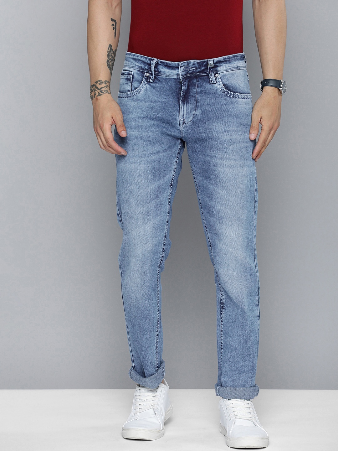 

Lawman pg3 Men Slim Fit Heavy Fade Acid Wash Stretchable Mid-Rise Jeans, Blue