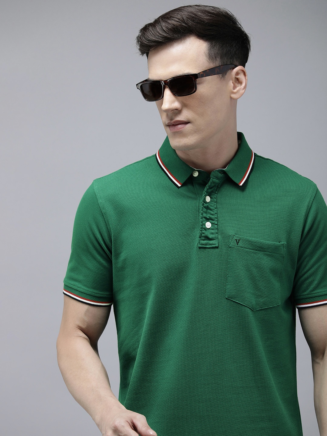 

Van Heusen Sport Polo Collar Pure Cotton Slim Fit T-shirt With Chest Pocket Detail, Green