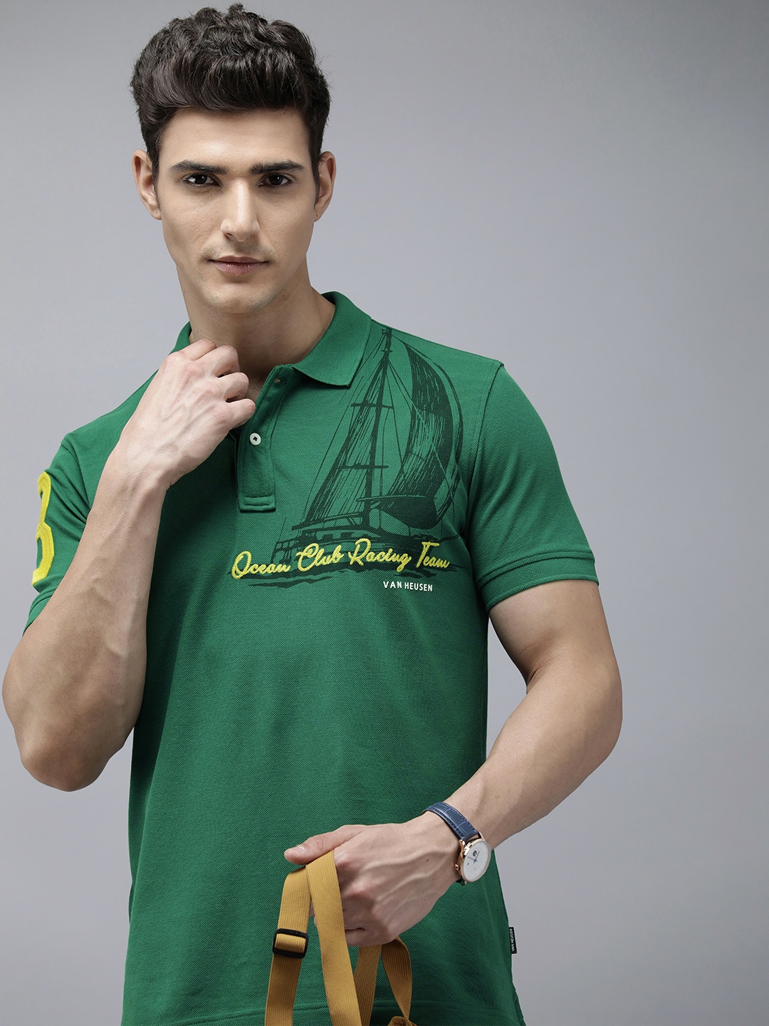 

Van Heusen Sport Typography Embroidered & Graphic Printed Cotton Slim Fit Polo T-shirt, Green