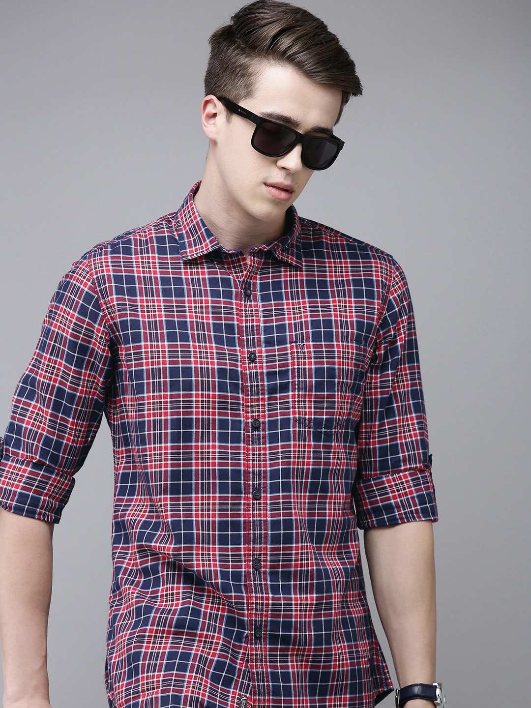

VAN HEUSEN DENIM LABS Slim Fit Checked Pure Cotton Casual Shirt, Red